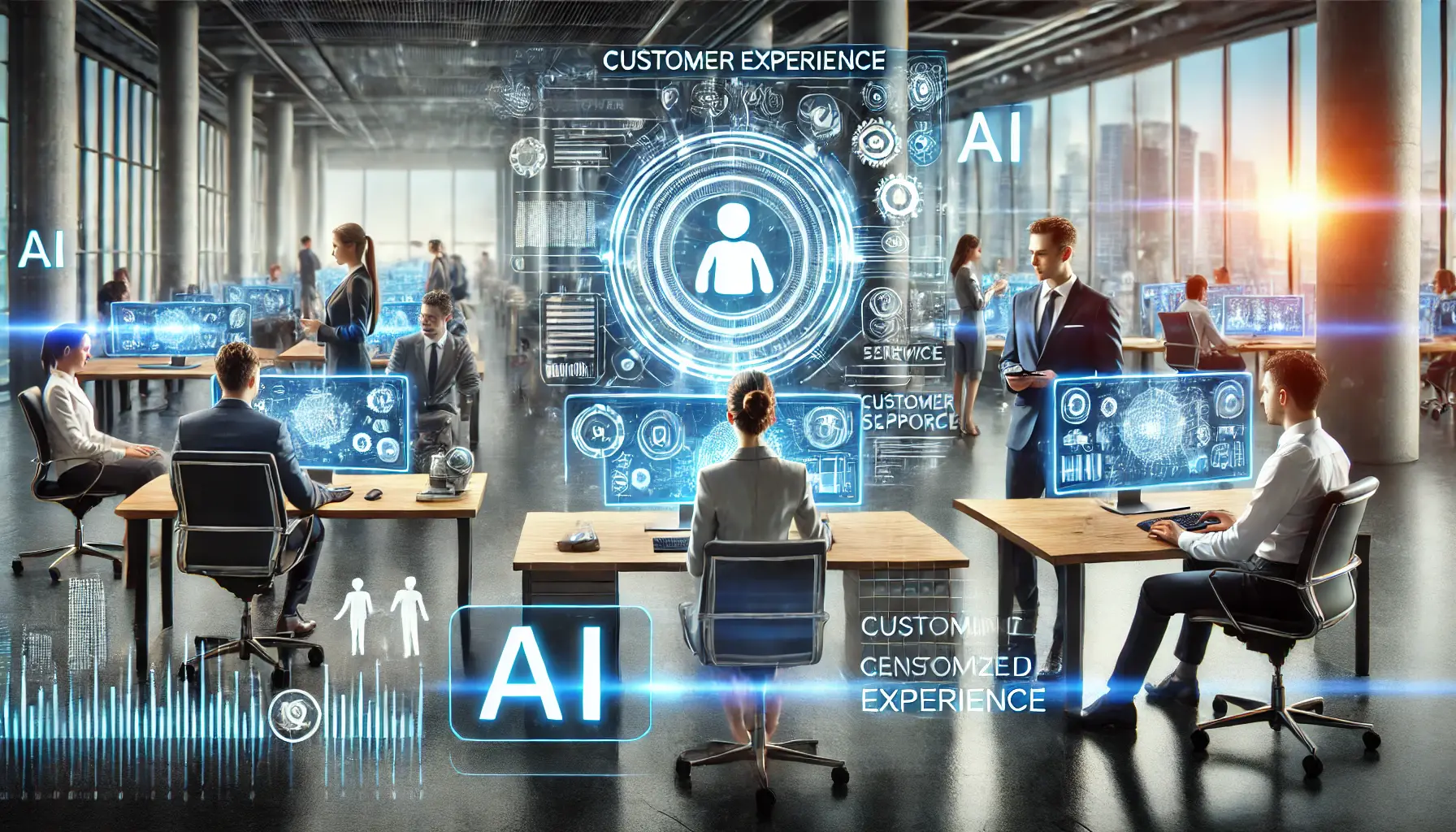 A futuristic office environment where AI is enhancing customer experience.