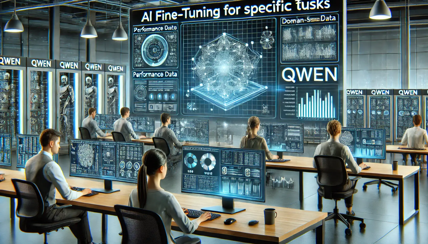 A modern AI development environment where professionals fine-tune Qwen for specific tasks using domain-specific data.