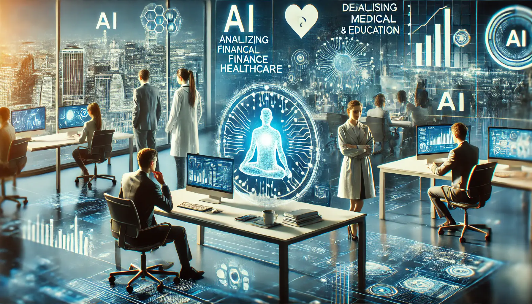 A futuristic office setting where AI is applied in specialized domains like finance, healthcare, and education, with professionals working on tailored AI systems.