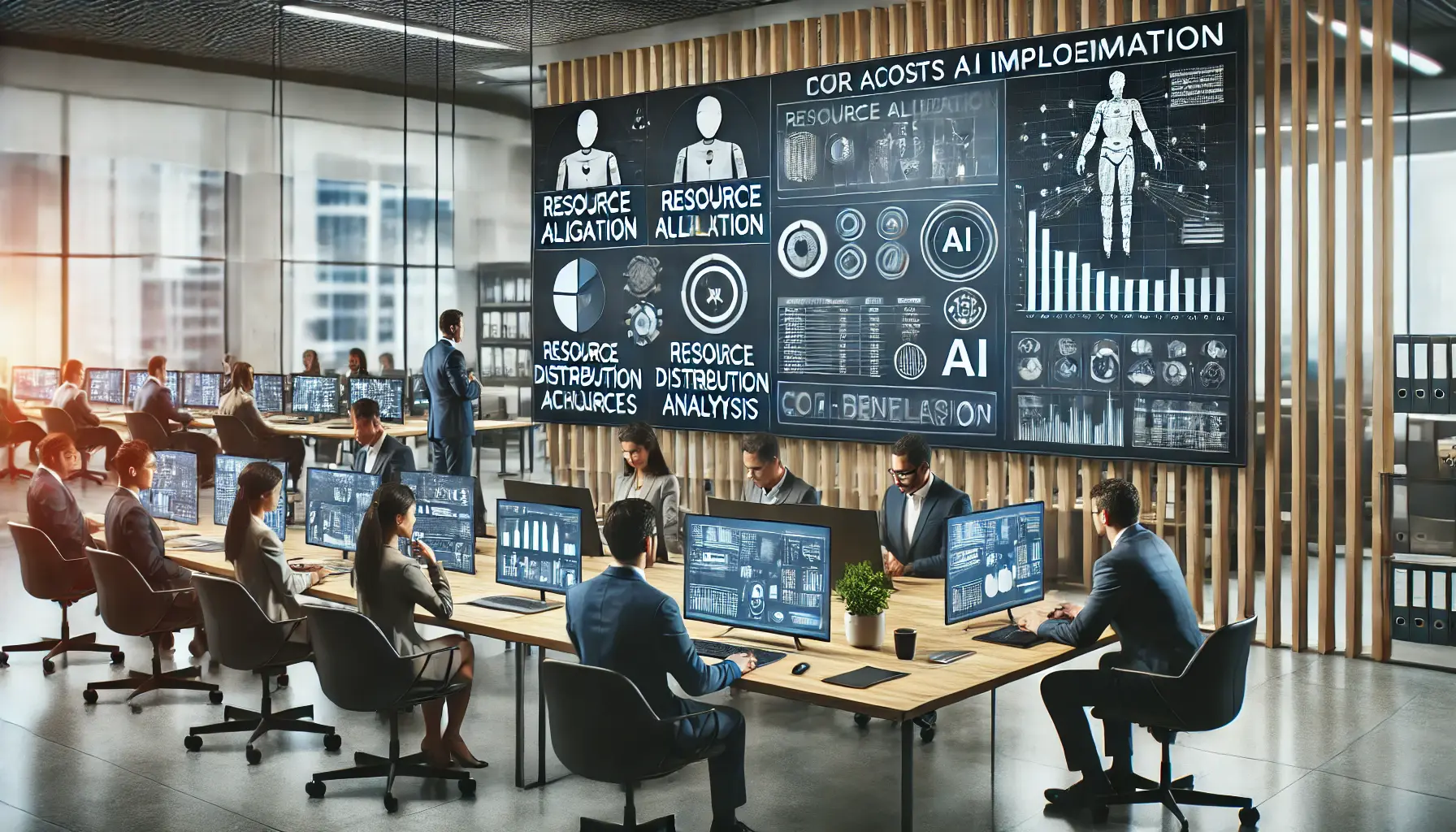 Professionals in a modern office environment managing resource allocation and controlling costs for AI implementation, analyzing budgets and charts.