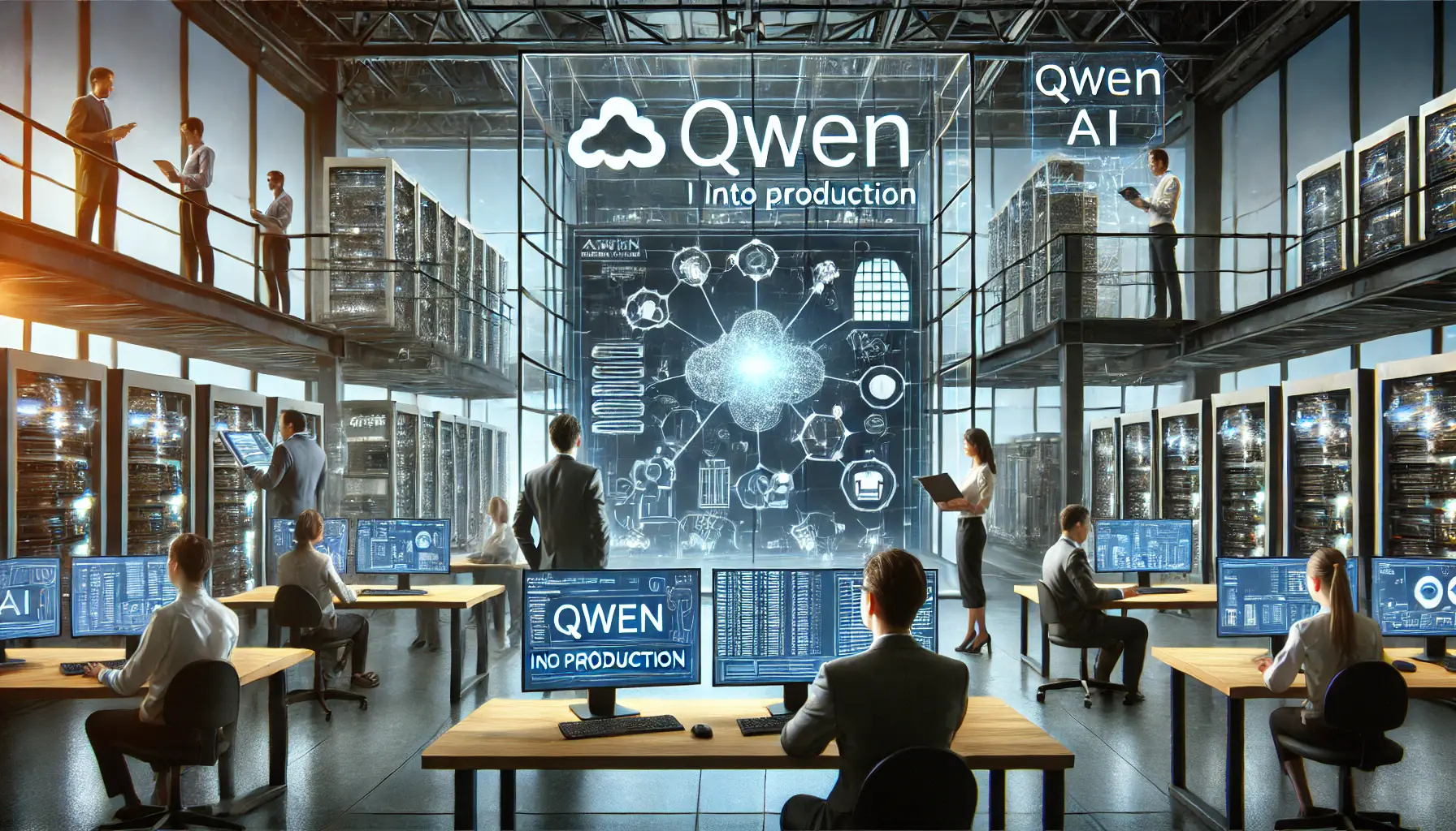 A high-tech development environment where professionals deploy Qwen AI into production infrastructure using cloud services and scalable systems.