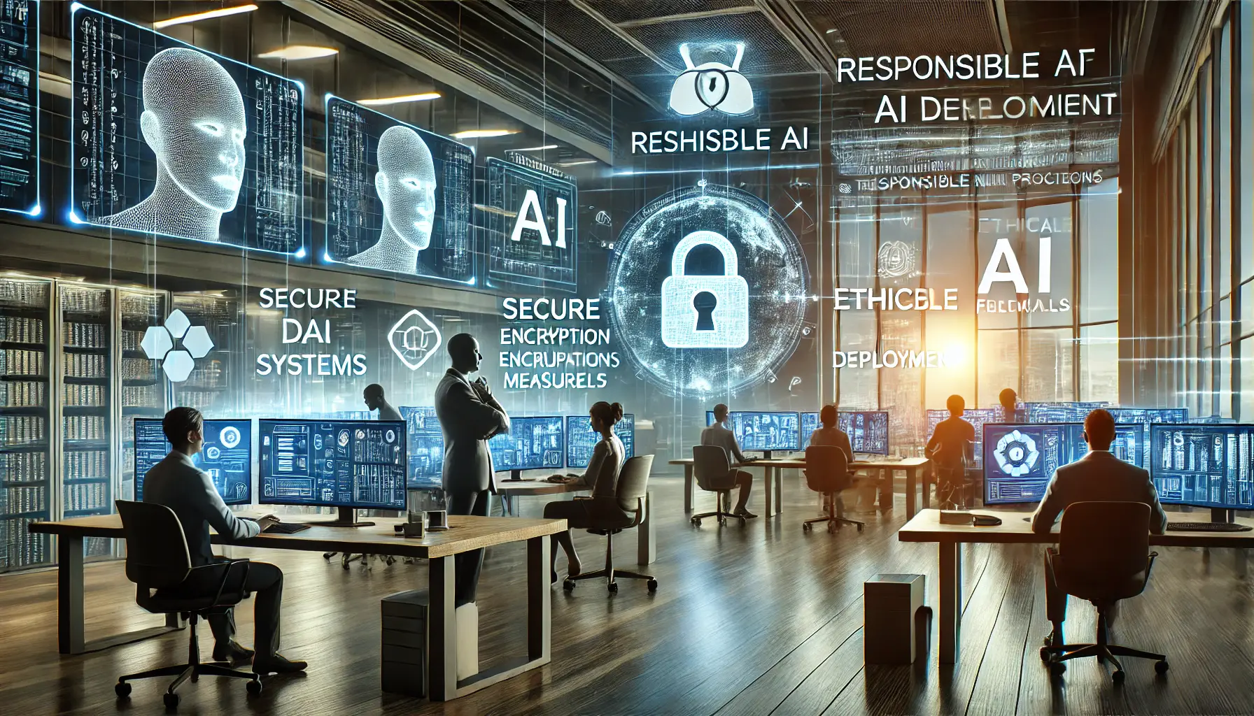 A modern office focused on data security and responsible AI practices, showing professionals monitoring AI systems with encryption and ethical AI algorithms.