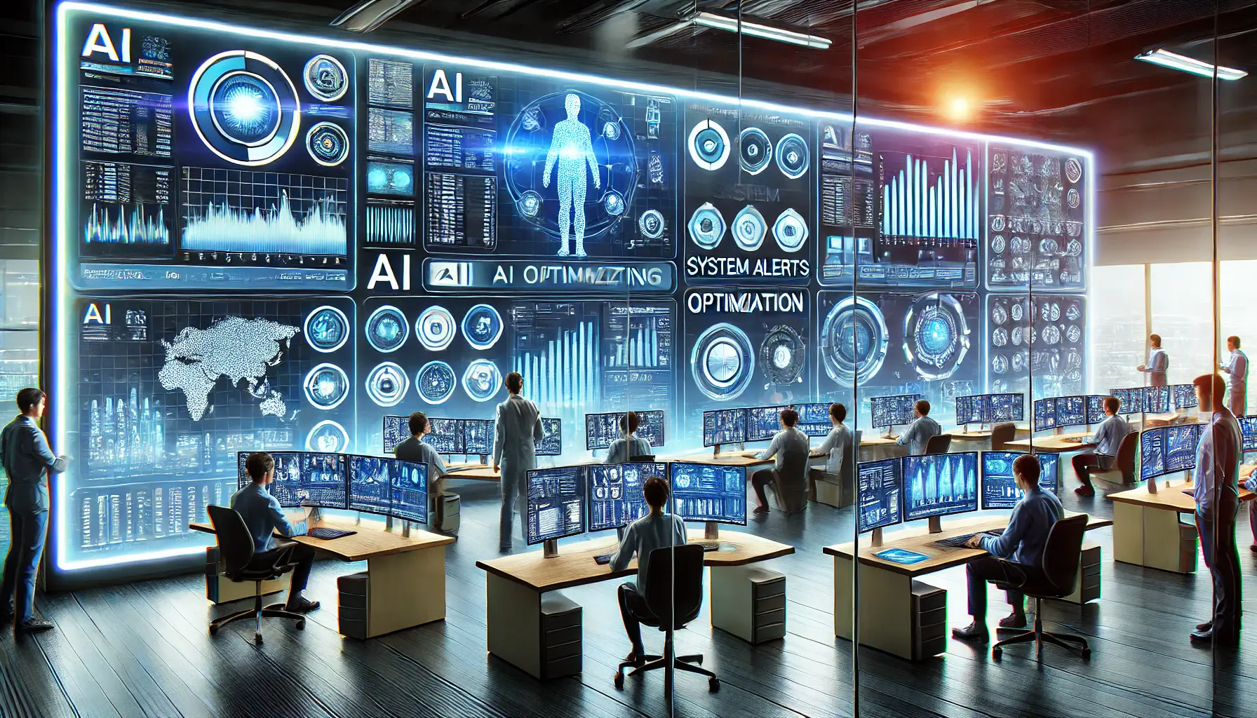 A futuristic control room where professionals are monitoring and optimizing AI systems in real-time.