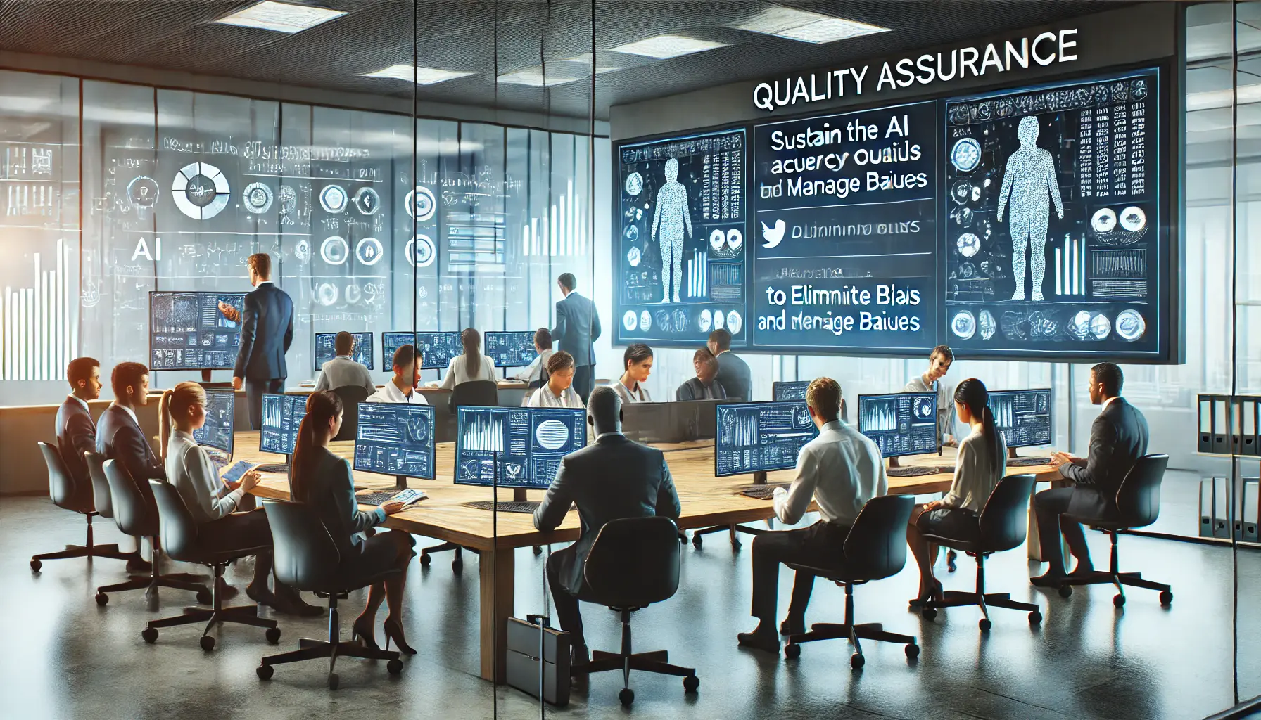 Professionals in a modern office environment analyzing AI results to ensure accuracy and fairness, using data validation tools and algorithms.