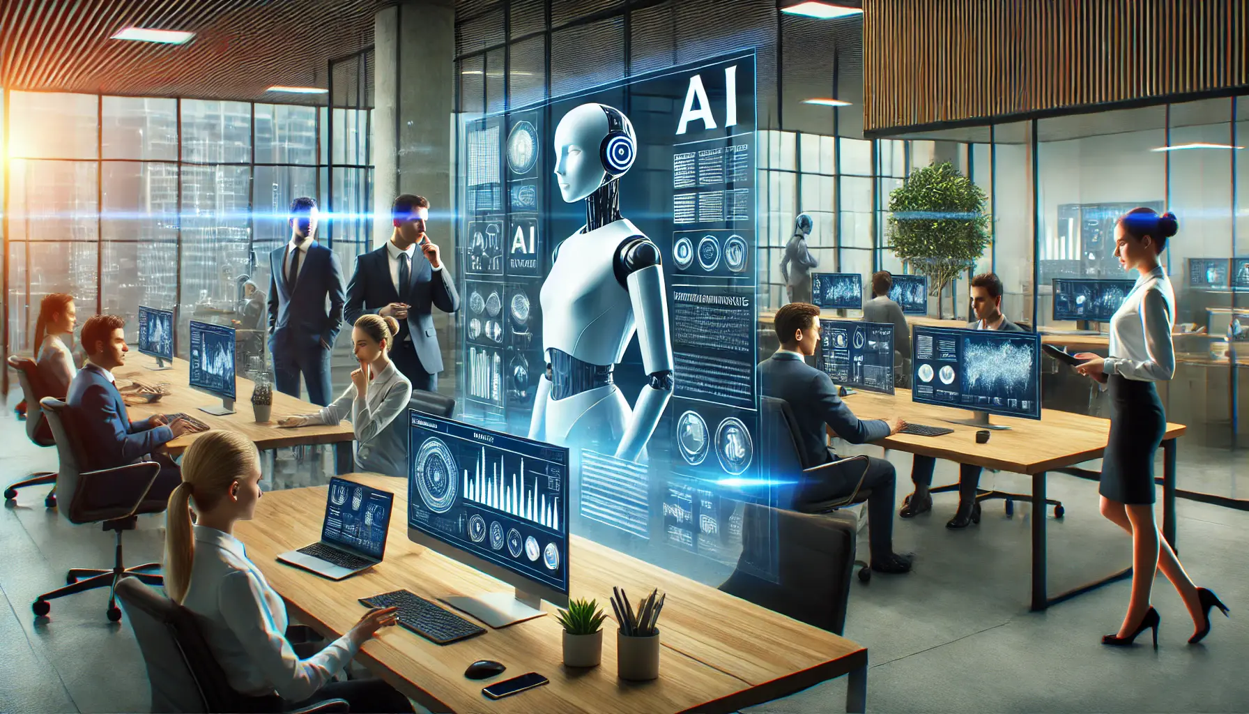 Professionals collaborating with AI systems in a modern office, working together on decision-making, data analysis, and problem-solving tasks.