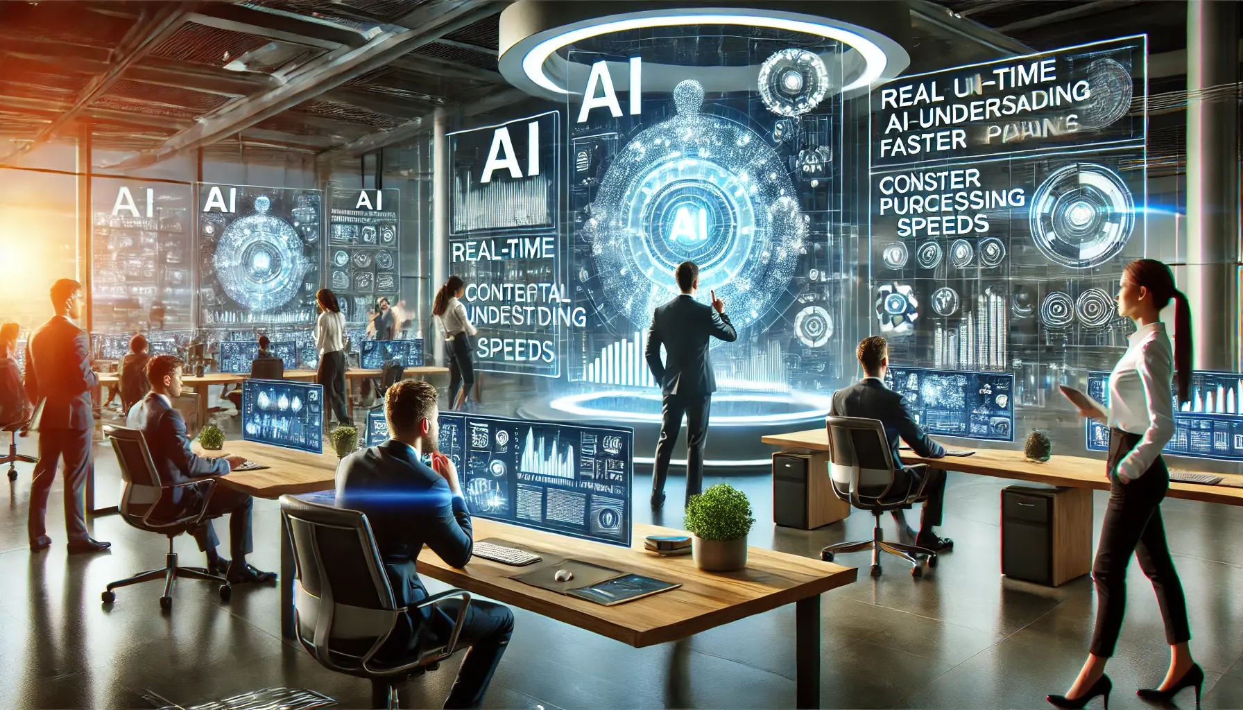 A futuristic office environment where professionals are leveraging advanced AI features for a competitive advantage.