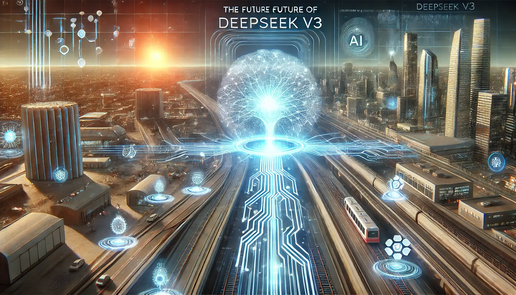 A futuristic depiction of the future of DeepSeek v3, featuring a glowing neural network and AI integration across a visionary cityscape.