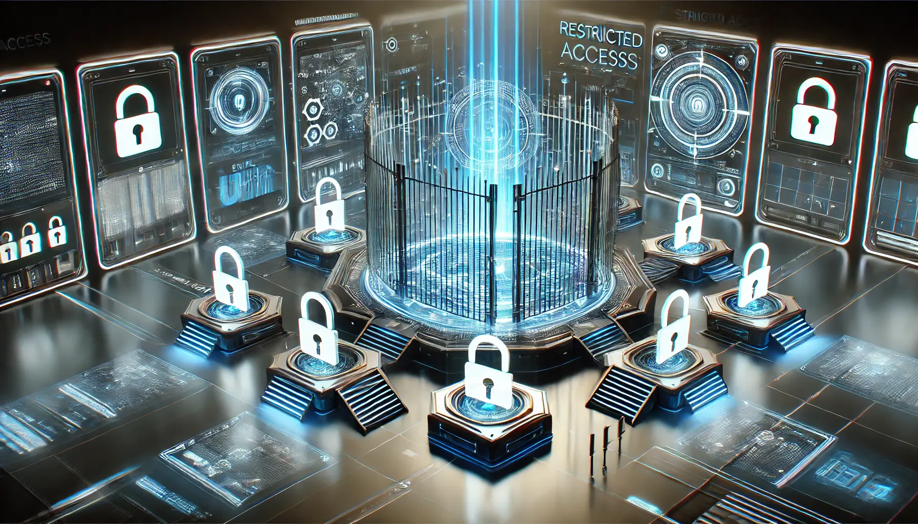 A high-tech digital environment showing access restrictions to an AI system with locks and barriers symbolizing limited user access and permissions.