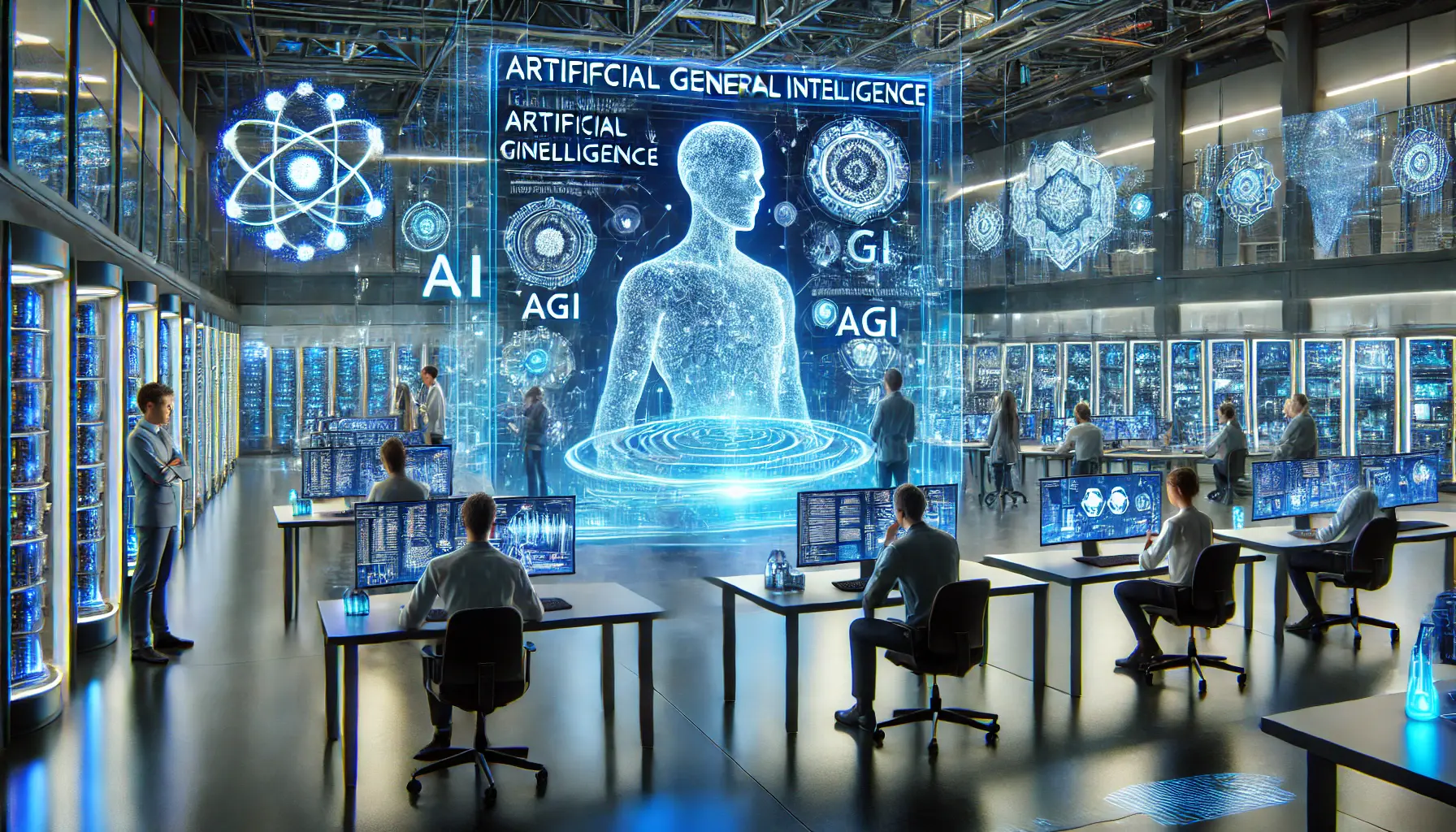 A high-tech AI research facility where scientists explore the potential for achieving Artificial General Intelligence (AGI), with holographic visualizations of complex tasks being performed by AI systems.