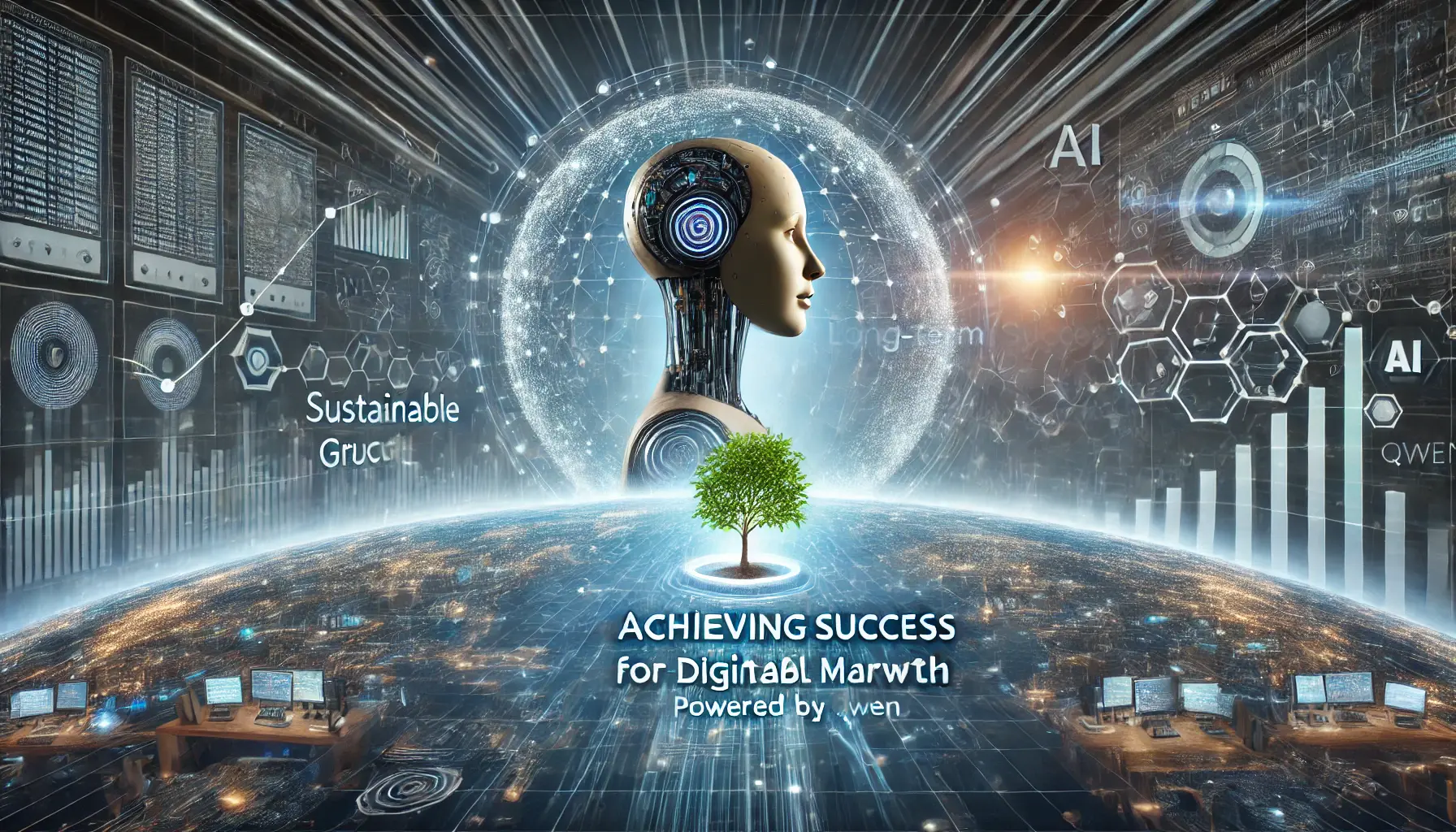 A futuristic concept of long-term business success powered by Qwen, with AI-driven solutions optimizing strategies and ensuring sustainable growth.