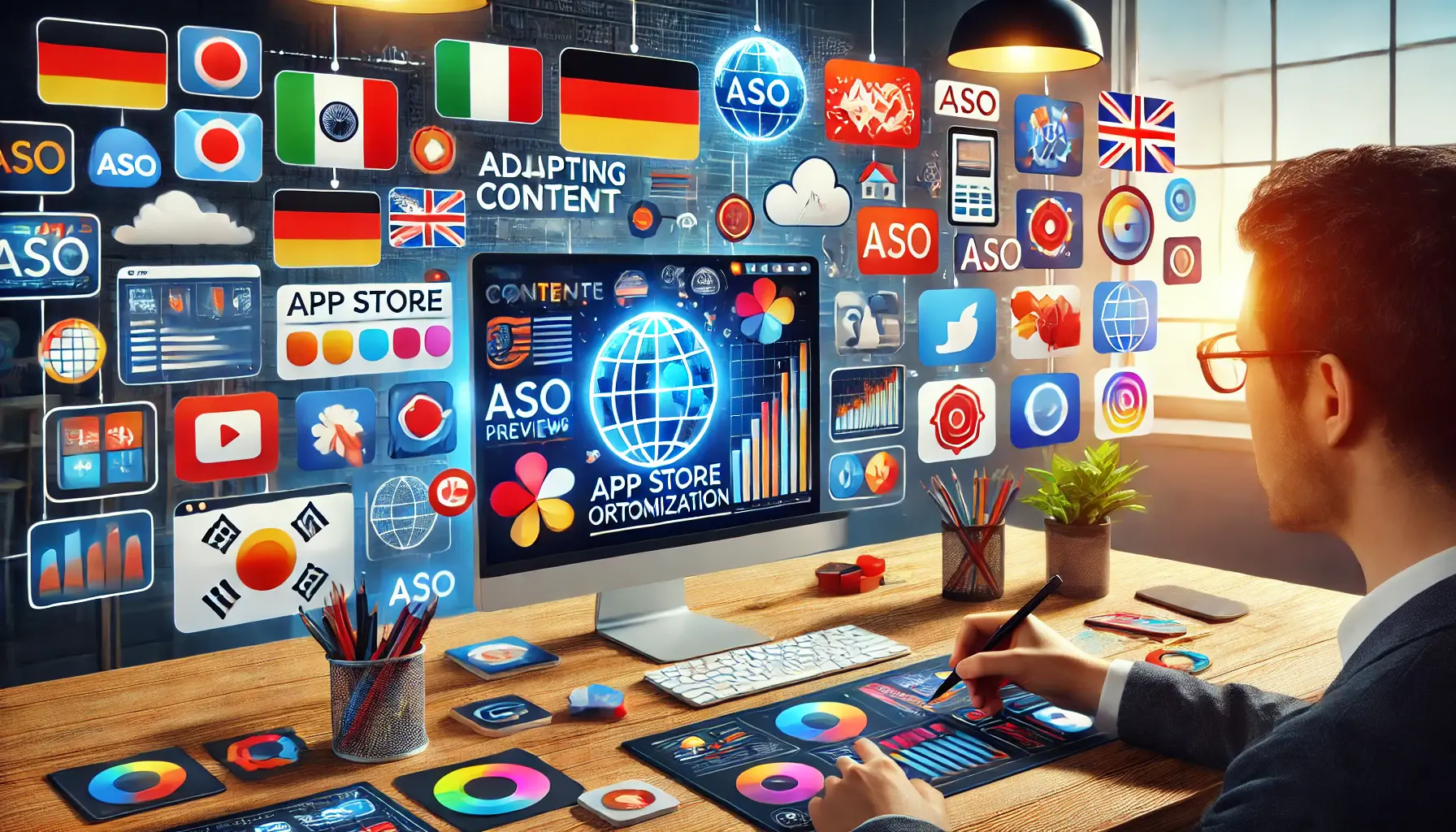 A digital illustration of a workspace where a designer is customizing app preview visuals for different cultures, displaying region-specific elements on multiple screens.