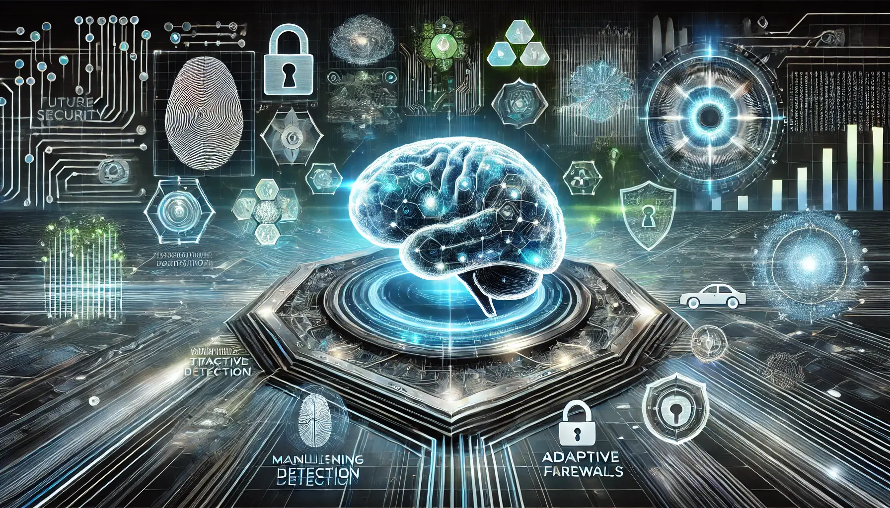 A digital concept featuring a glowing AI brain surrounded by advanced security mechanisms, predictive analytics, and evolving defense technologies.