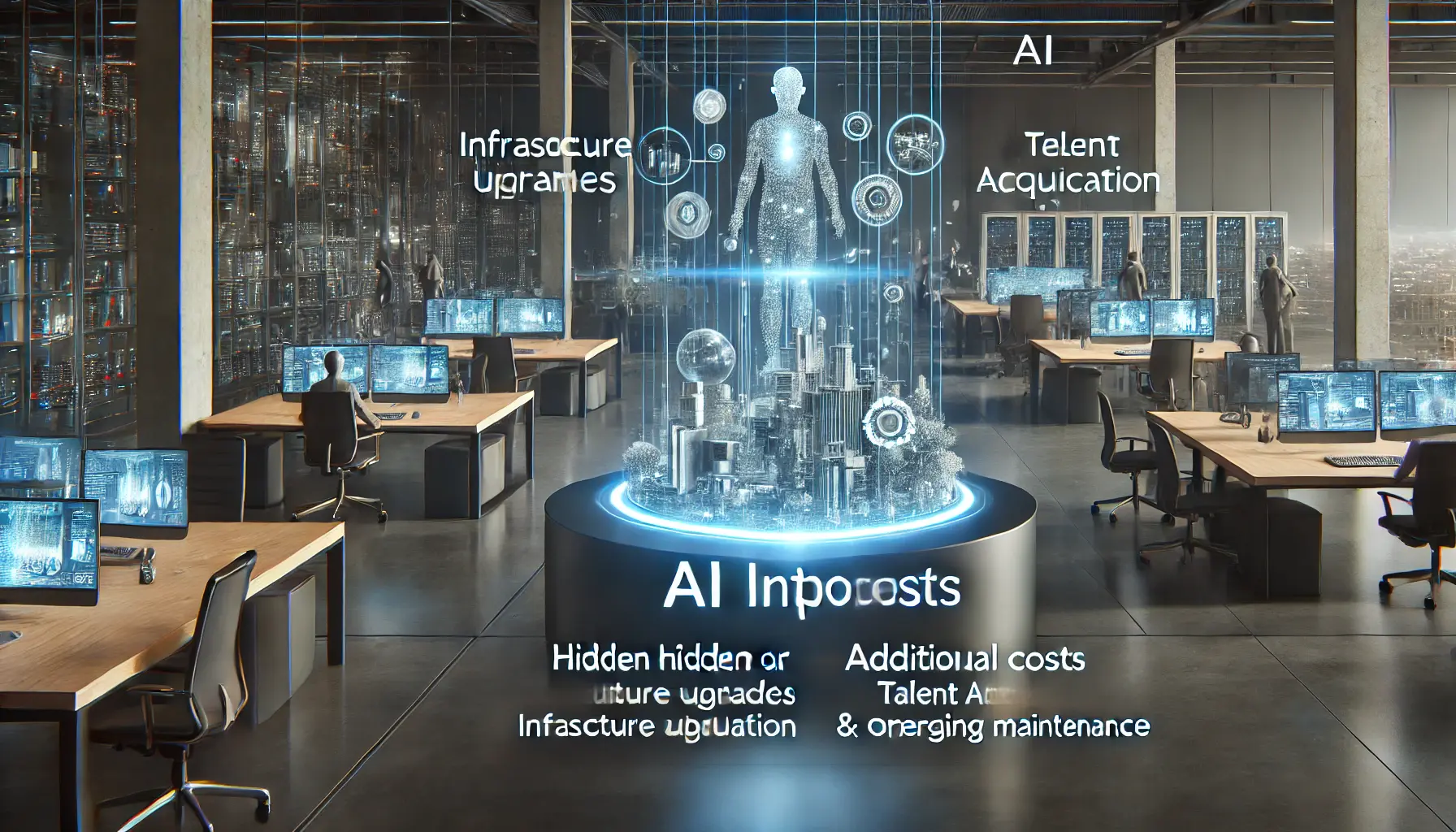 A futuristic business environment showcasing various hidden or additional costs involved in AI integration.