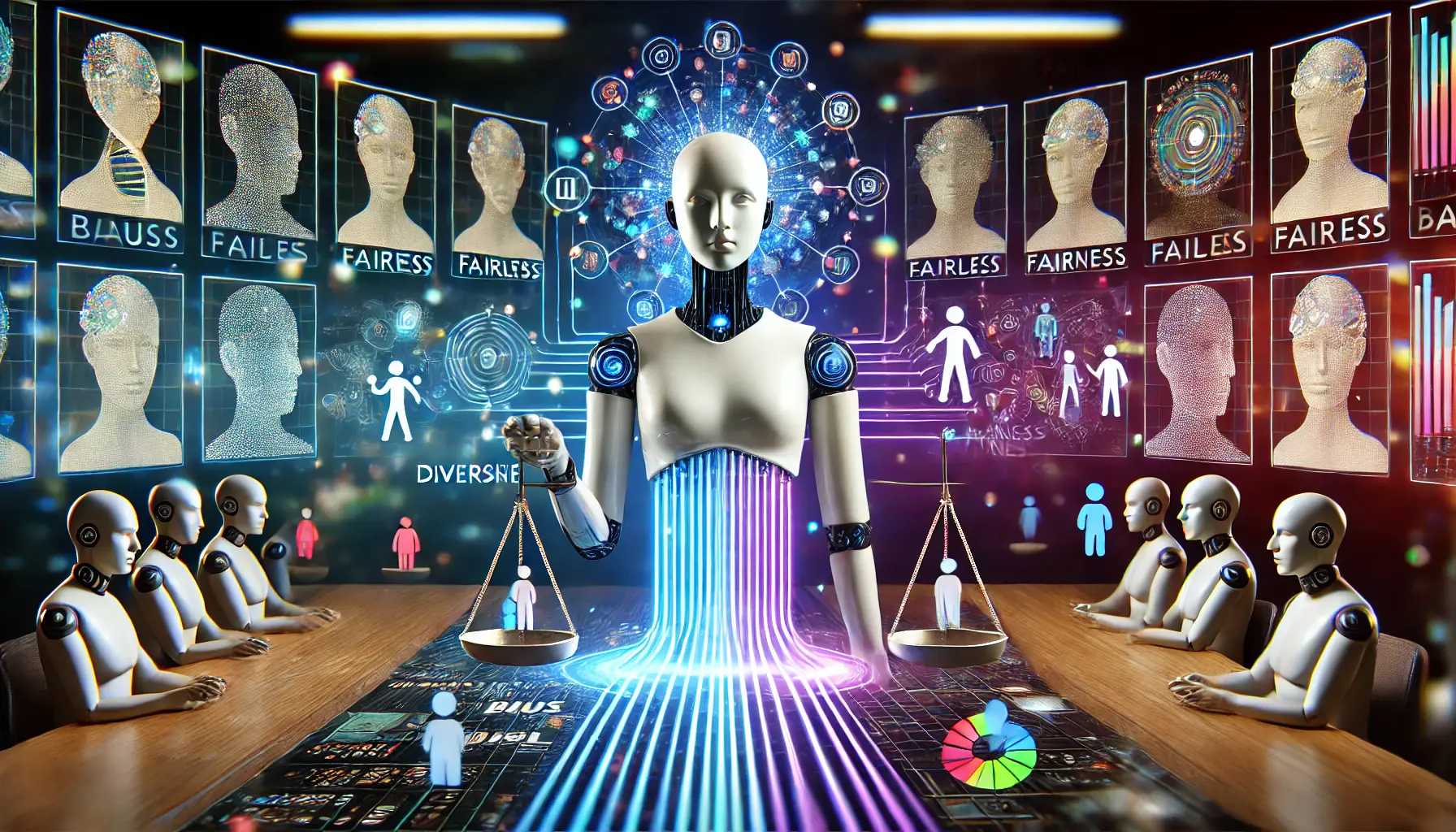 An AI system analyzing diverse data streams, surrounded by balance scales and human faces to represent fairness and bias reduction.