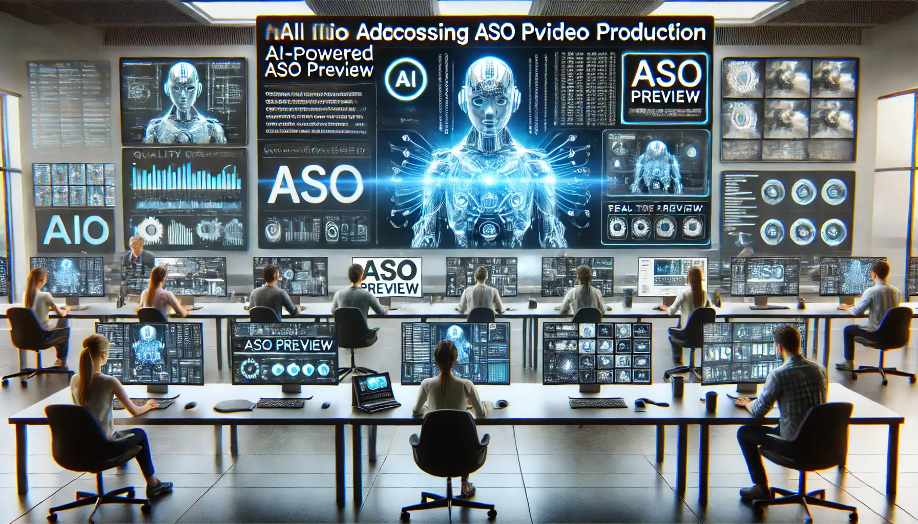 A futuristic digital workspace where AI tools are used to address challenges and inconsistencies in ASO preview video production.