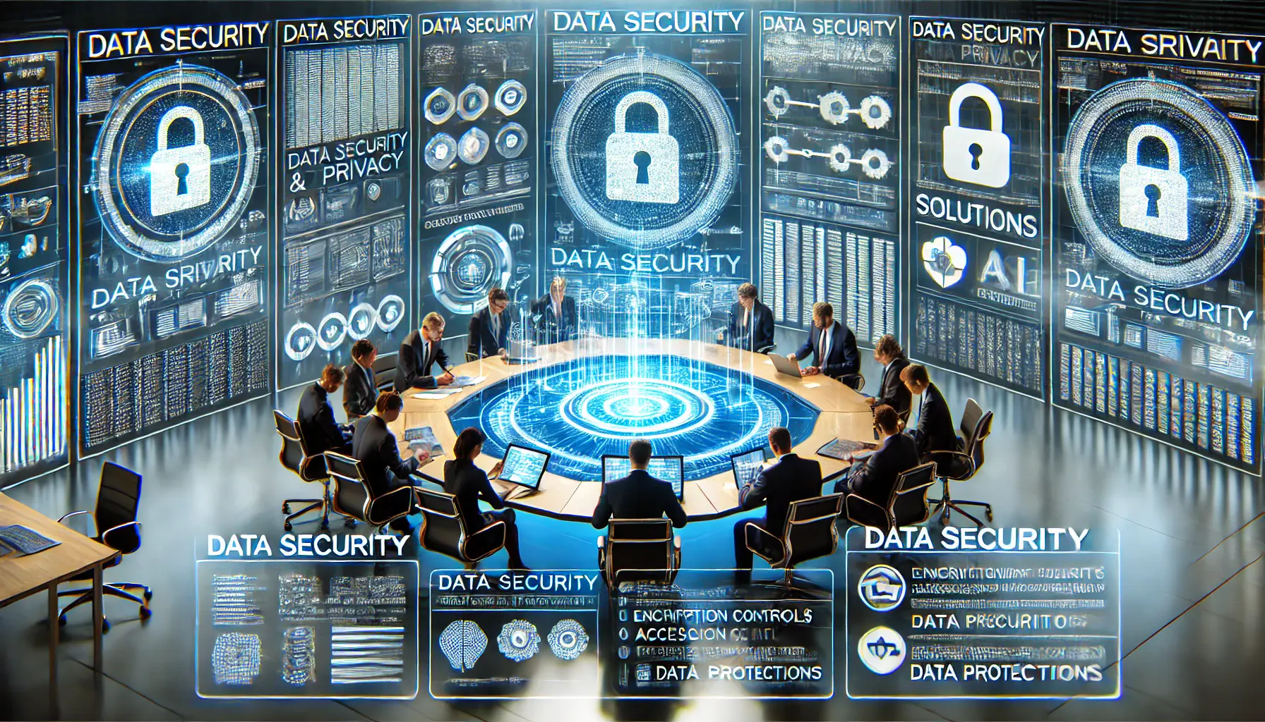 A cybersecurity team addressing data security and privacy concerns in a high-tech office with digital security interfaces.