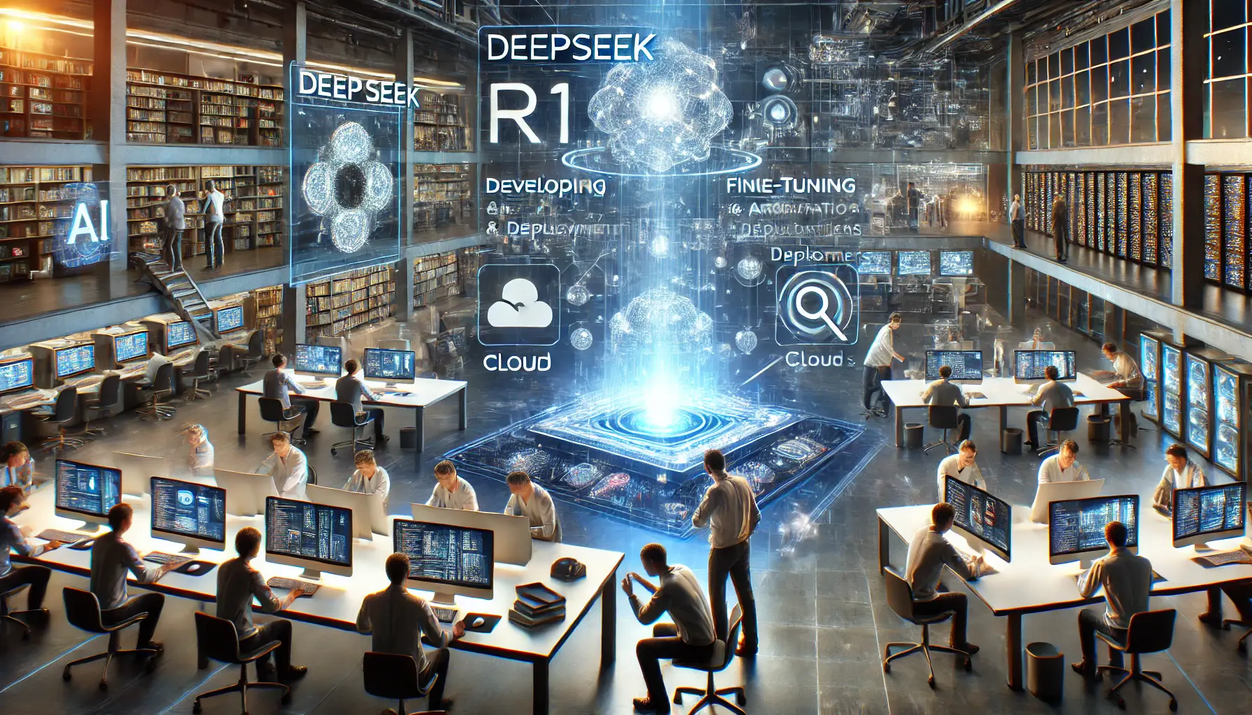 A futuristic AI development environment where engineers integrate DeepSeek R1 into various systems, featuring holographic displays of AI applications and cloud deployments.