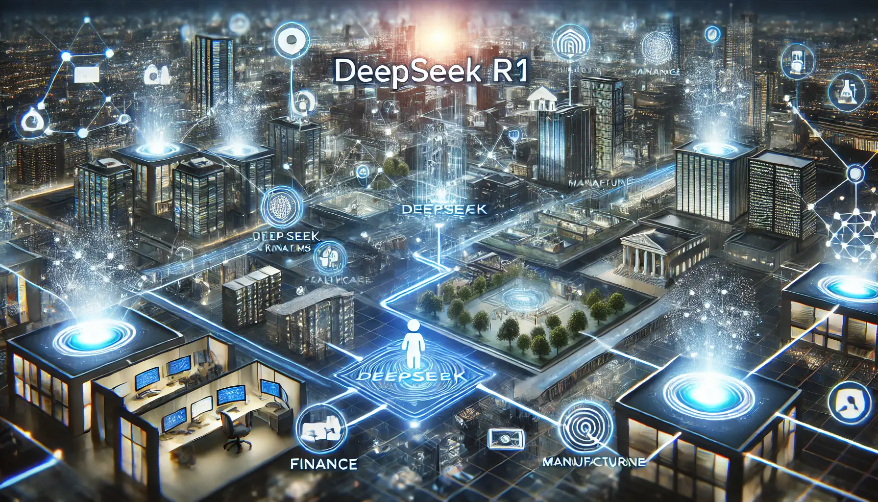 A futuristic depiction of businesses adopting DeepSeek R1, showing various departments and sectors like finance, healthcare, and manufacturing connected by digital pathways, symbolizing seamless integration.