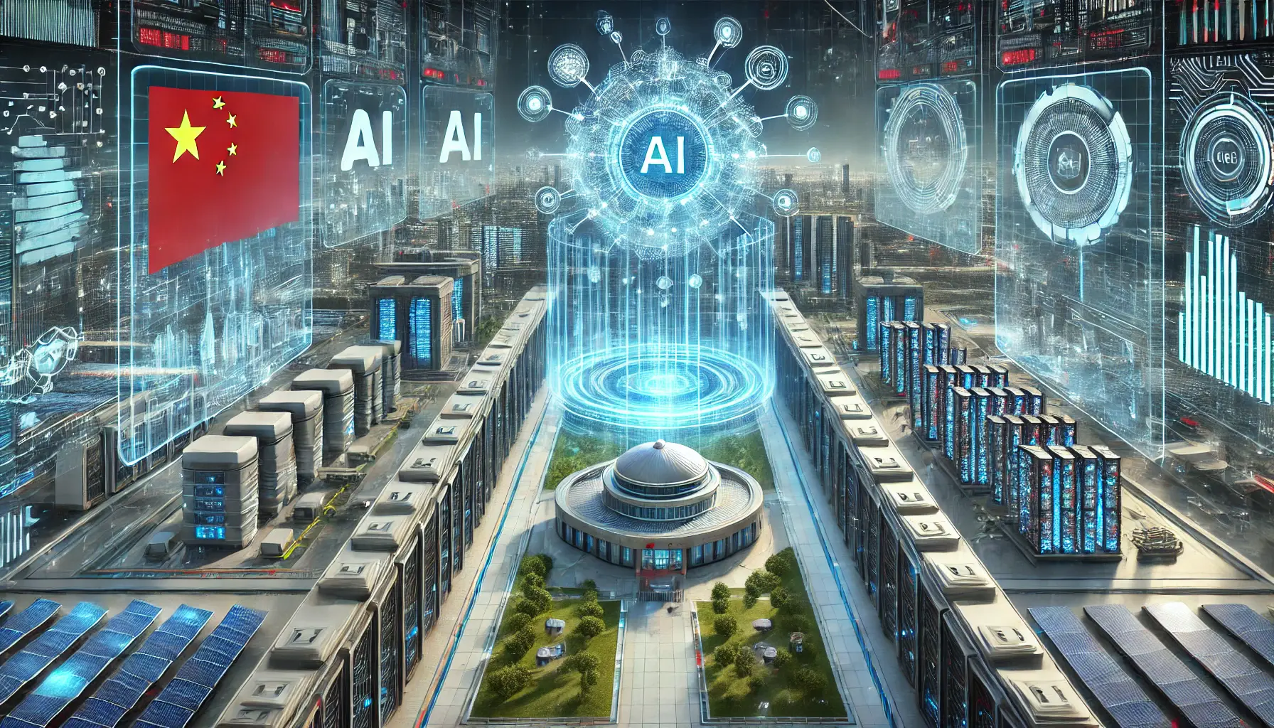 A futuristic visualization of AI integration into Chinese tech companies, with data flowing through digital systems and data centers.