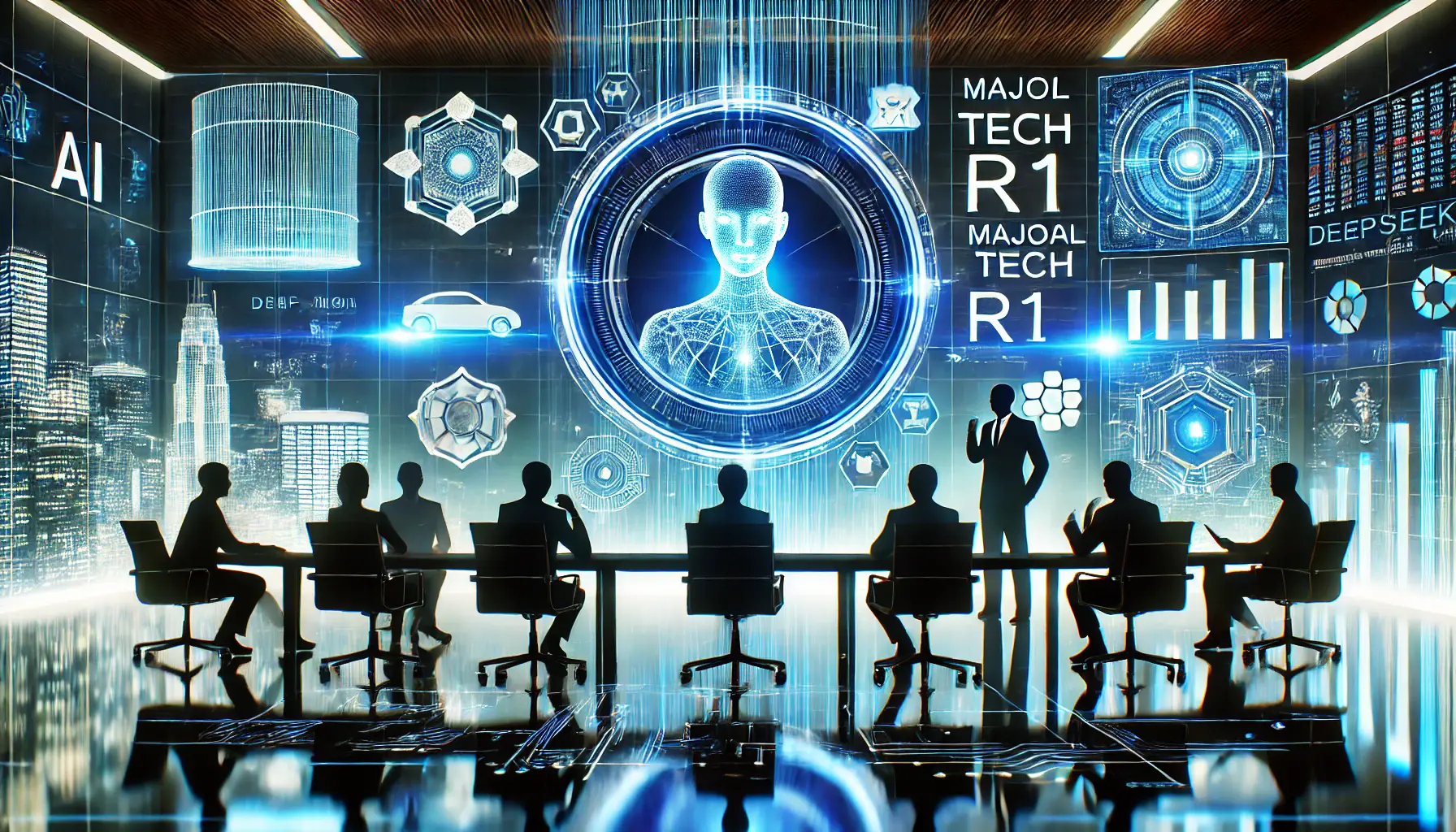 A futuristic corporate boardroom with holographic AI models and executives analyzing digital projections, symbolizing AI adoption by major tech firms.