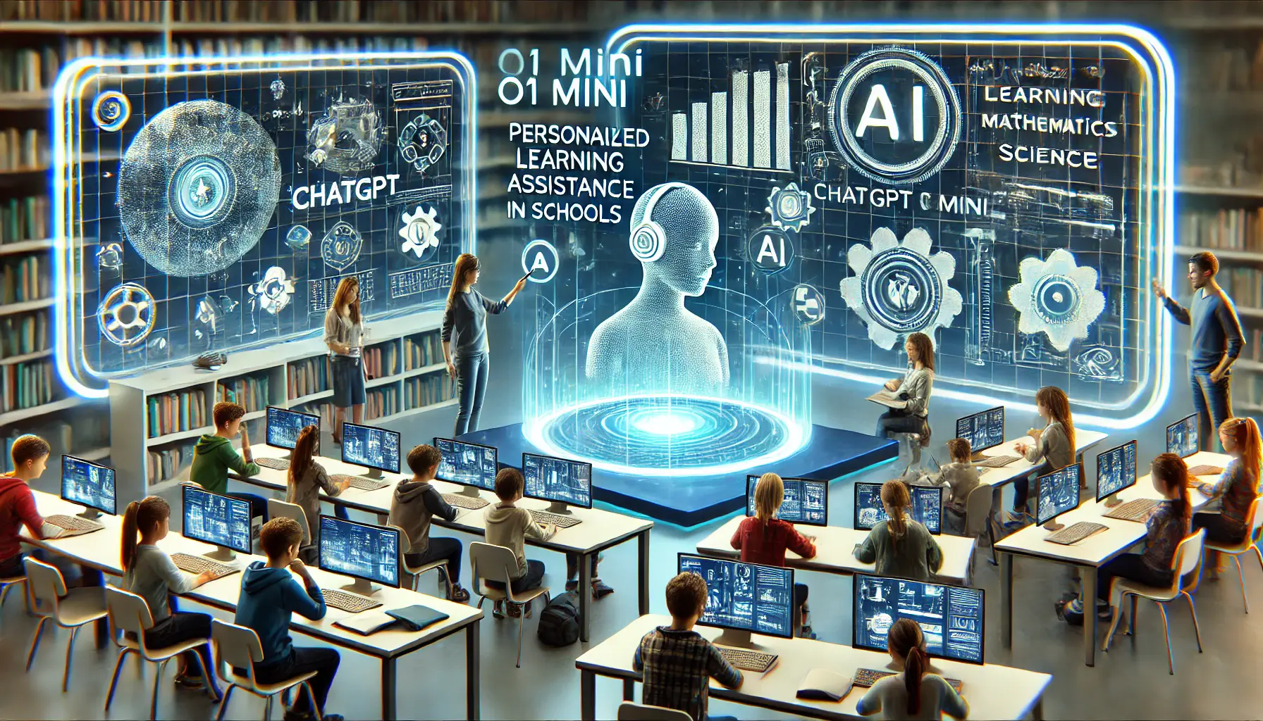 A futuristic classroom showing students and teachers using ChatGPT o1 Mini to enhance learning, with holographic screens and personalized AI assistance.