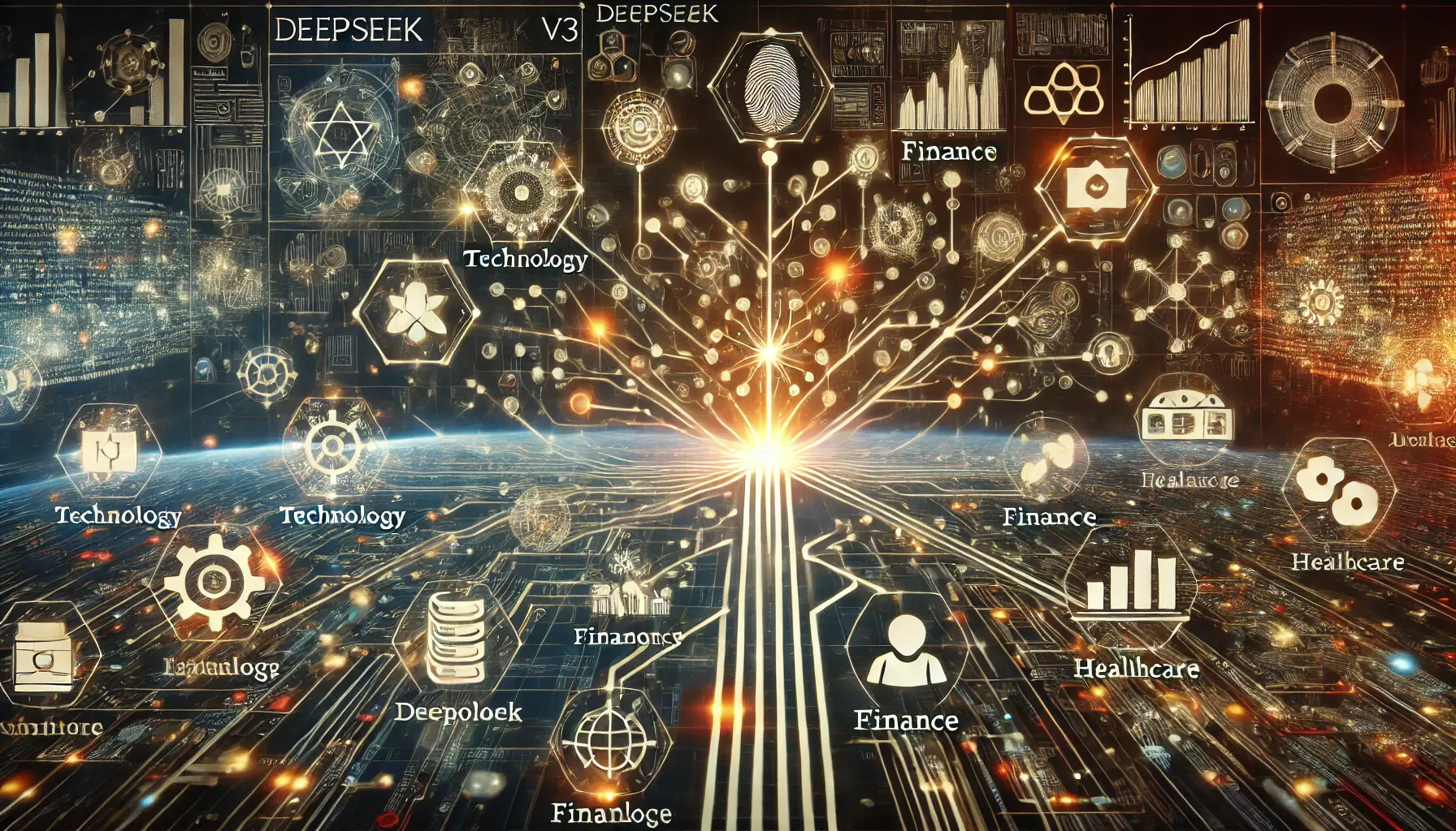 A futuristic visualization of DeepSeek v3 adoption across industries like technology, finance, and healthcare, represented by glowing neural networks and abstract symbols.