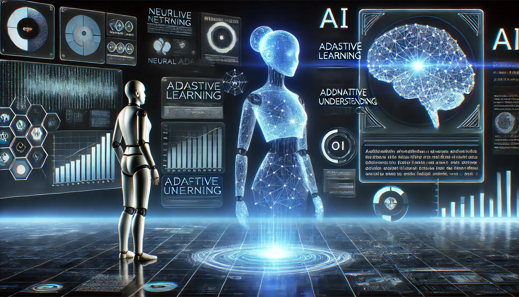 A futuristic AI-powered chatbot analyzing user queries with advanced reasoning, displayed on a sleek digital interface with neural network connections and adaptive learning indicators in a high-tech environment.