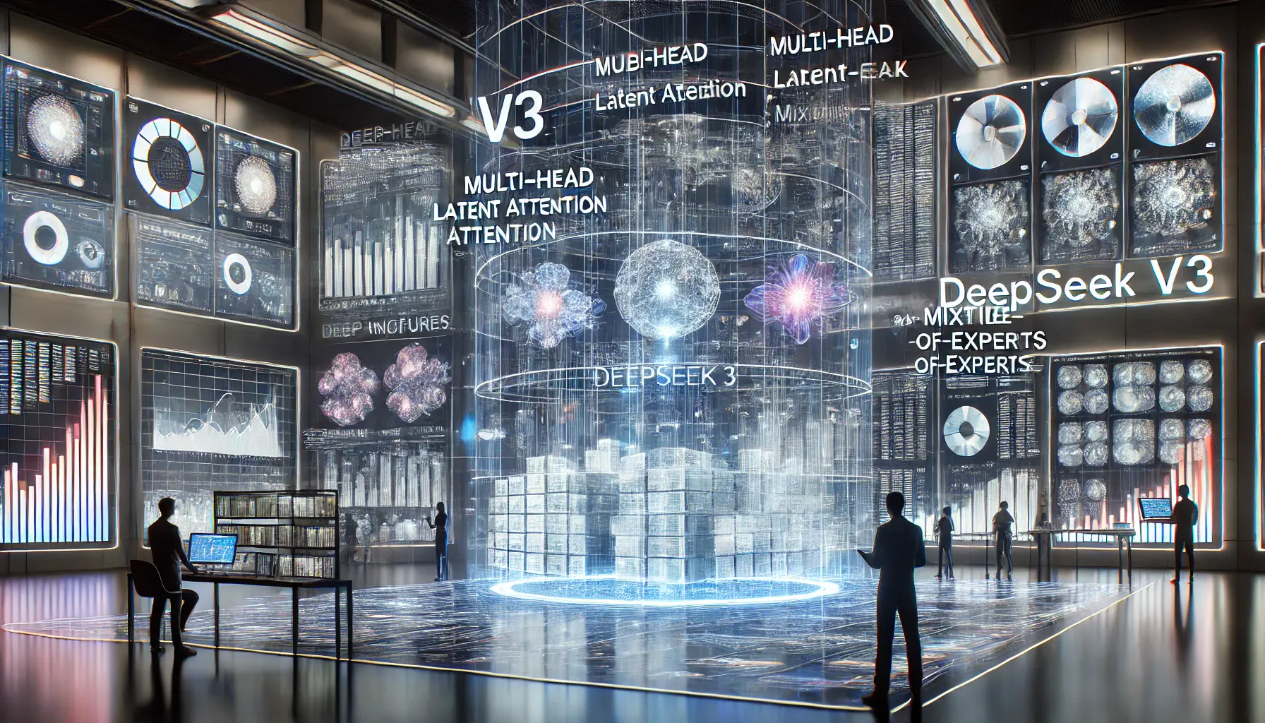 A high-tech data visualization environment with holographic screens representing AI models and key features like Multi-Head Latent Attention and Mixture-of-Experts architecture.