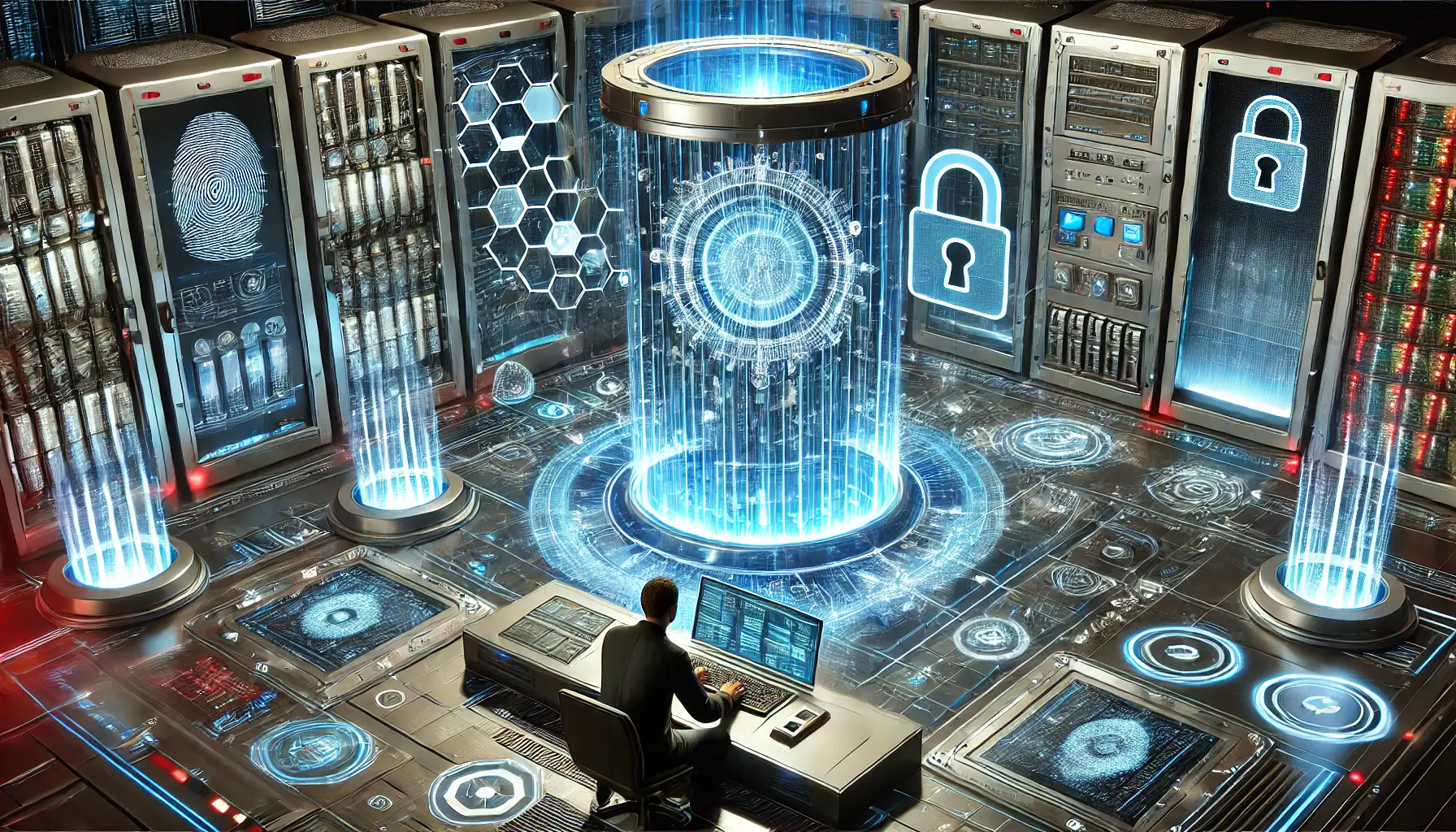 A high-tech digital vault with AI-driven security protocols, showcasing encrypted data streams flowing through a holographic interface, monitored by a cybersecurity professional.