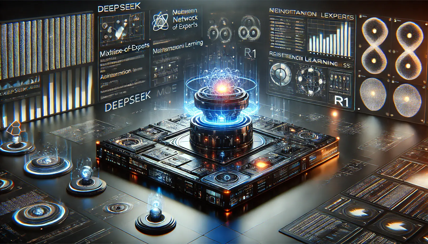 A futuristic AI interface displaying advanced DeepSeek R1 capabilities, including neural network processing and Mixture-of-Experts architecture.