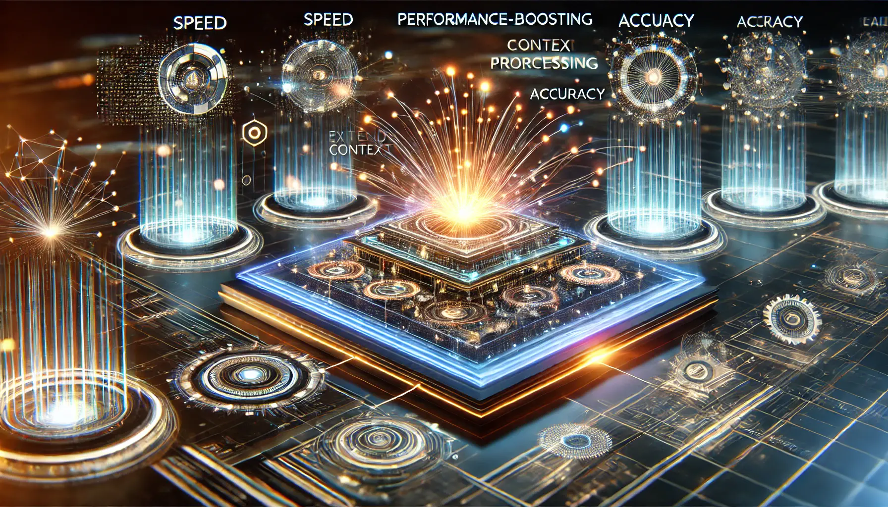 A futuristic representation of advanced AI features, showcasing high-performance neural networks with glowing data streams and multimodal capabilities.