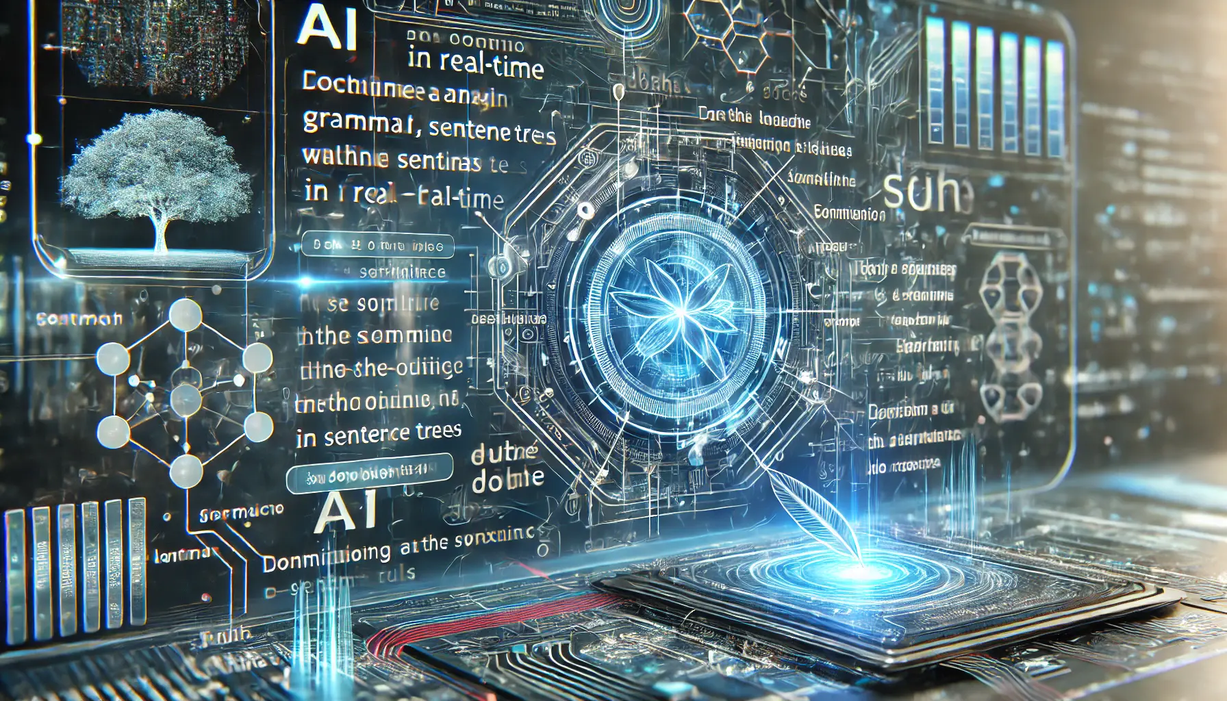 A futuristic AI system analyzing grammar and syntax in real-time, displayed as a glowing holographic interface with abstract linguistic structures and syntax patterns.