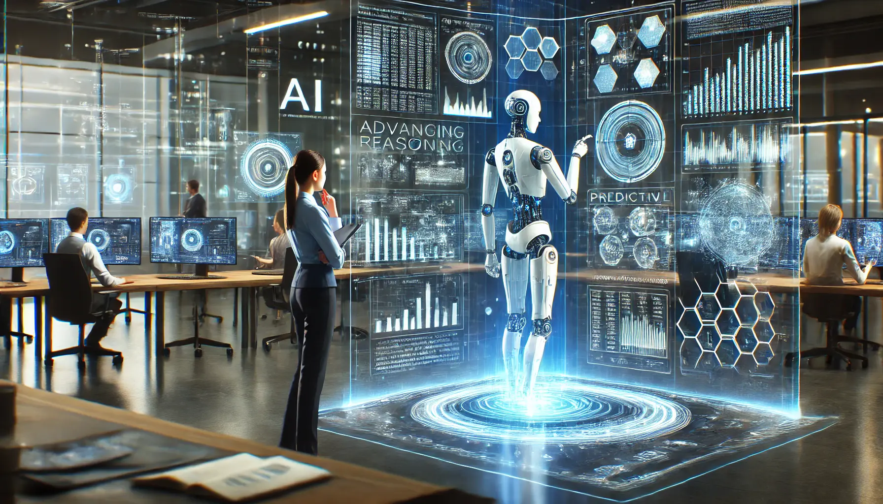 A futuristic AI system analyzing complex data and solving problems in real-time through a high-tech interface with holographic displays and predictive analytics.