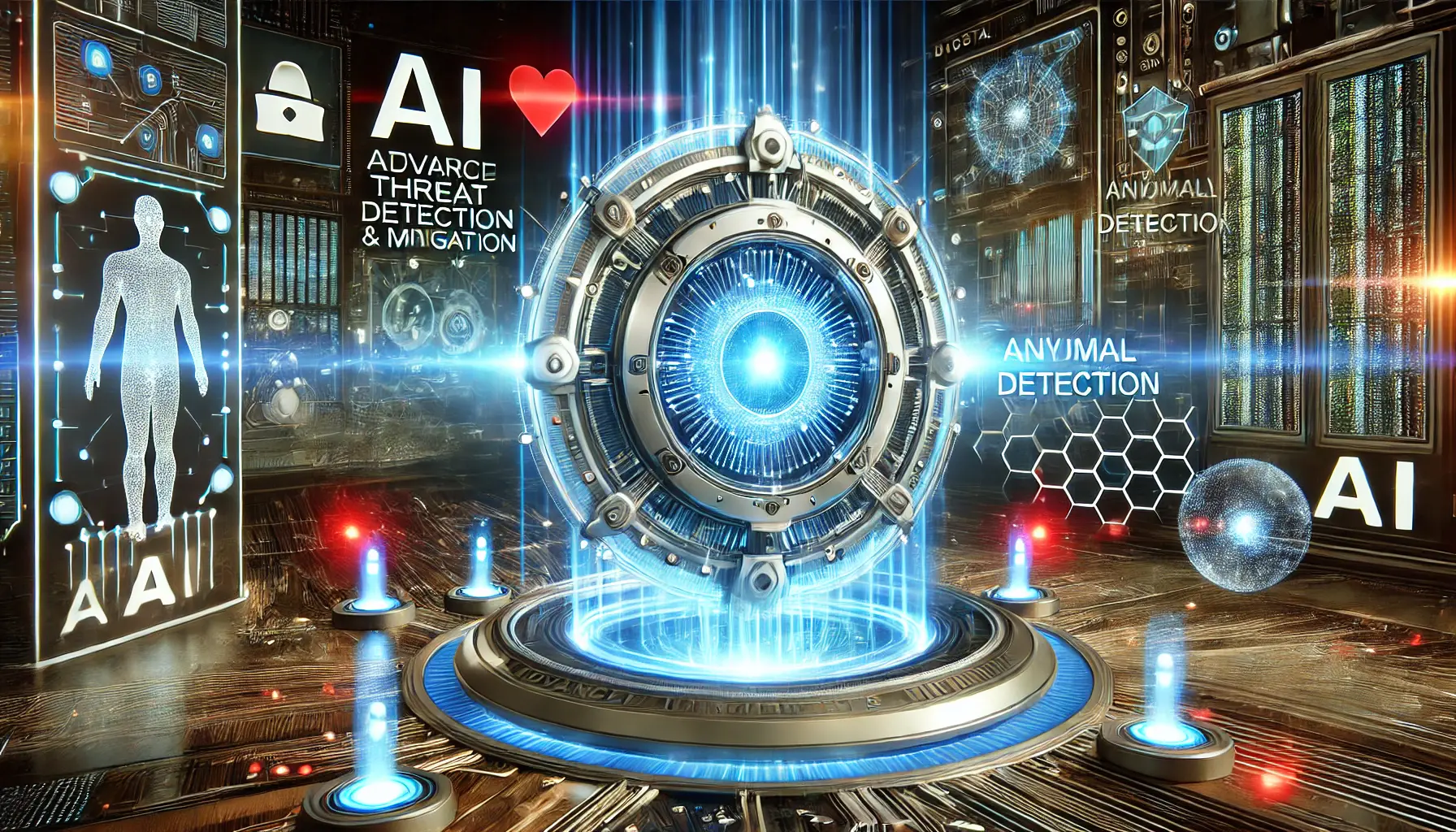 A futuristic AI system demonstrating advanced threat detection and mitigation, visualized as a glowing AI core surrounded by digital shields and anomaly detection nodes.