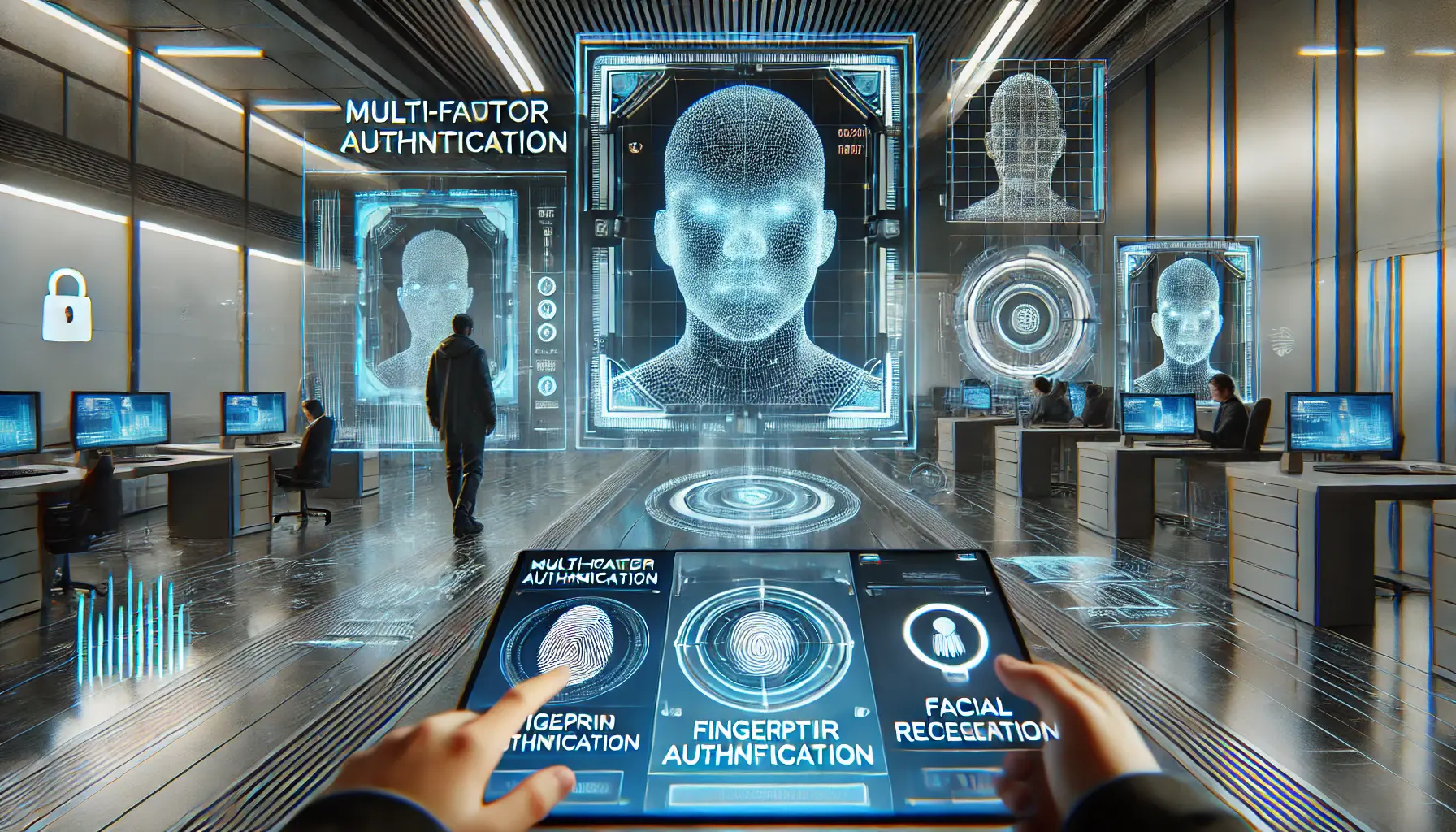 A high-tech user authentication interface showcasing multi-factor authentication, fingerprint scanning, facial recognition, and AI-driven security verification.