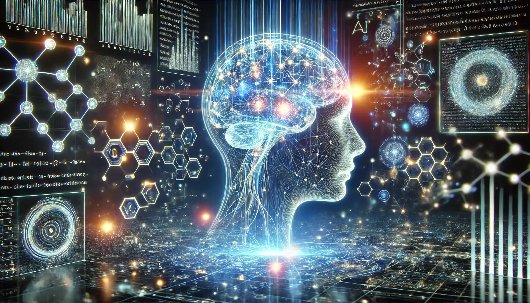 A futuristic AI system advancing its reasoning capabilities, with glowing neural networks and evolving pathways representing the growth of AI's cognitive abilities.