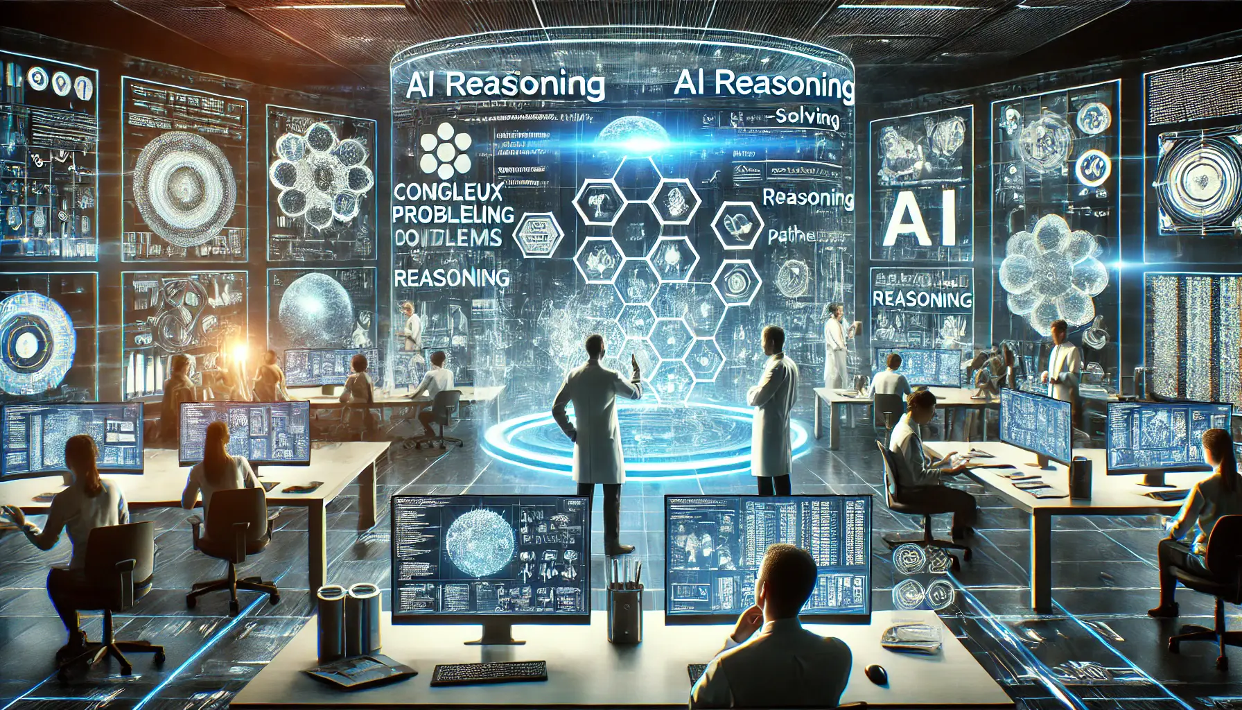 Futuristic research and development lab where AI systems are analyzing complex problems and providing insights.