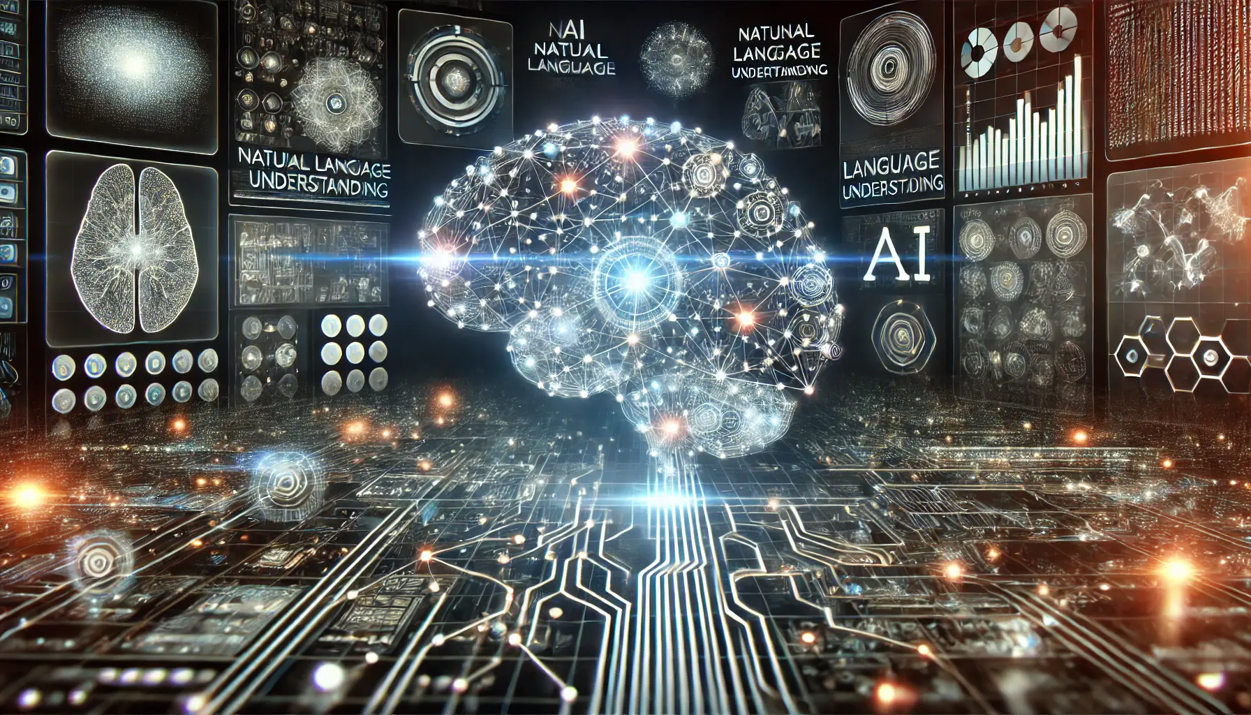 A futuristic AI system symbolizing advancements in artificial intelligence with glowing neural networks and interconnected data streams.