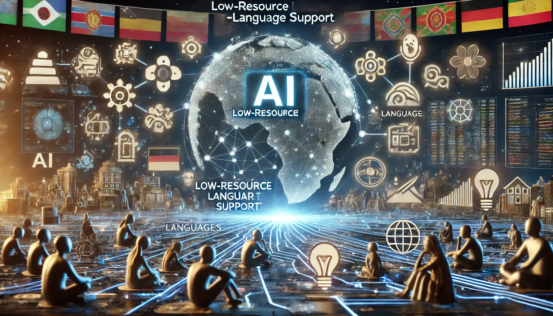 A digital representation of advancements in low-resource language support, showing AI systems processing data from diverse languages.