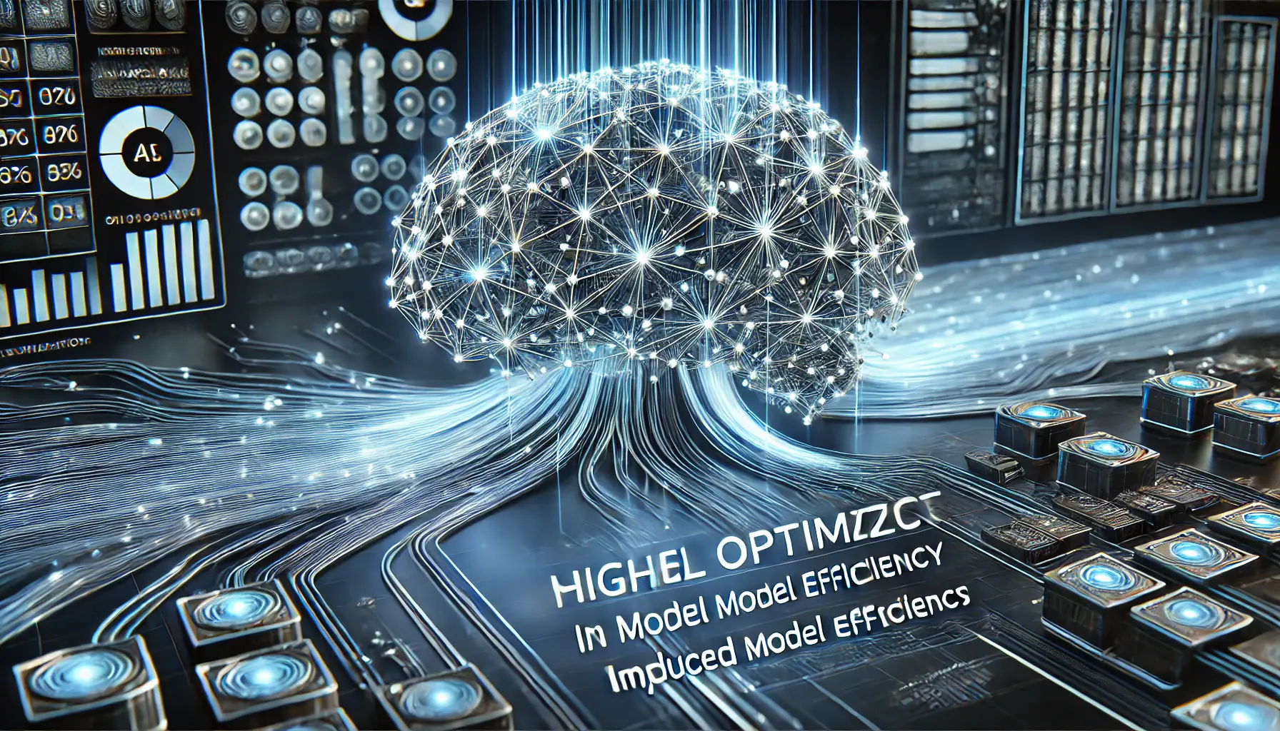 A futuristic digital visualization representing advancements in model efficiency, with optimized neural networks and faster data processing.