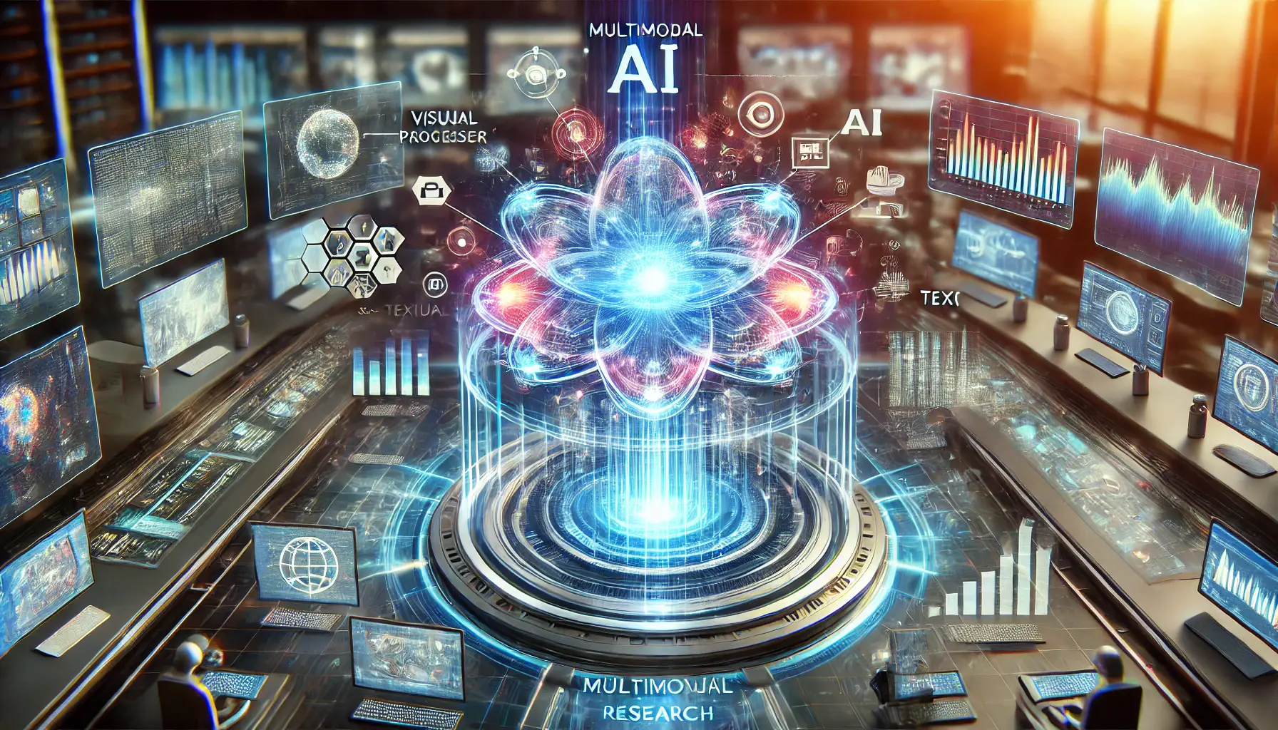 A futuristic visualization of AI processing visual, textual, and audio data simultaneously, symbolizing advancements in multimodal AI.