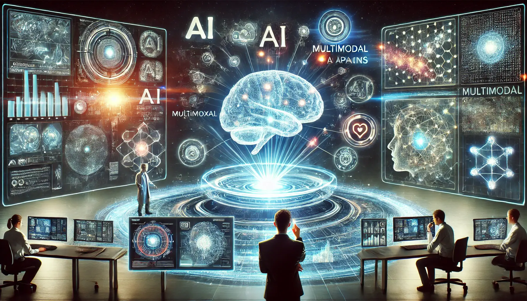 A futuristic AI lab with a holographic display showing the integration of text, images, and videos. A researcher interacts with the system, which processes data from multiple sources. A digital brain represents the AI’s ability to synthesize multimodal inputs.