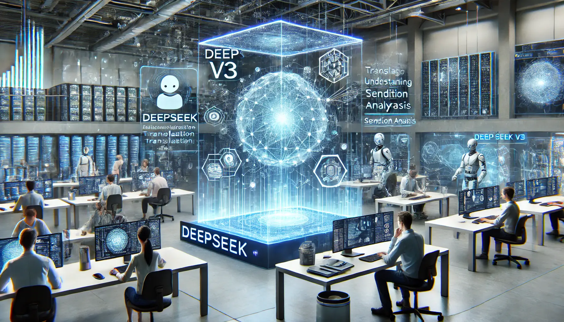 A high-tech AI lab showing advancements in Natural Language Processing (NLP) with DeepSeek v3 models processing language data and text analysis.