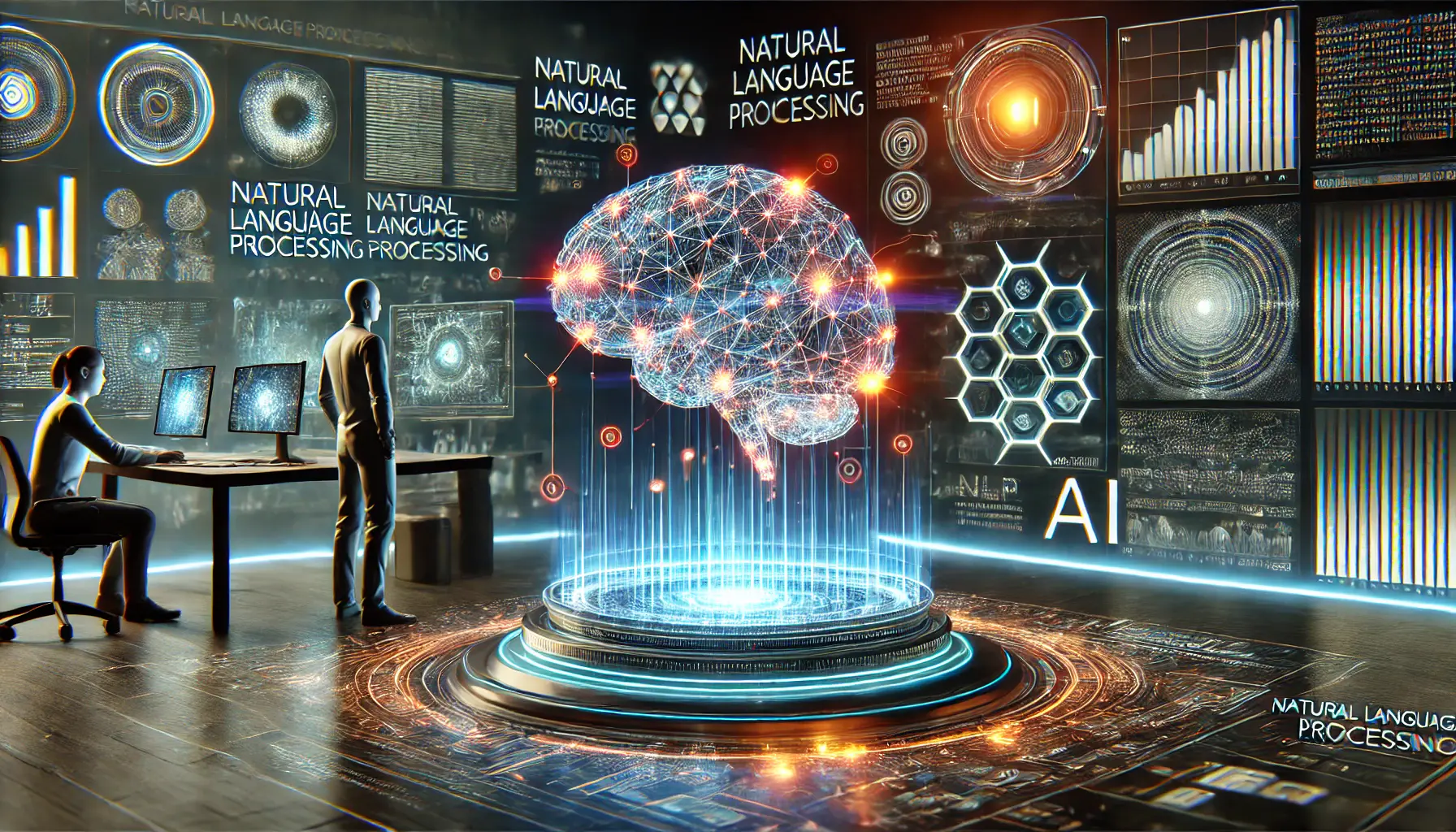 A futuristic AI interface analyzing text data with algorithms visualized as glowing neural networks. A researcher interacts with the system, interpreting AI language capabilities. The scene includes a digital brain processing linguistic information and dynamic text flow visualizations.