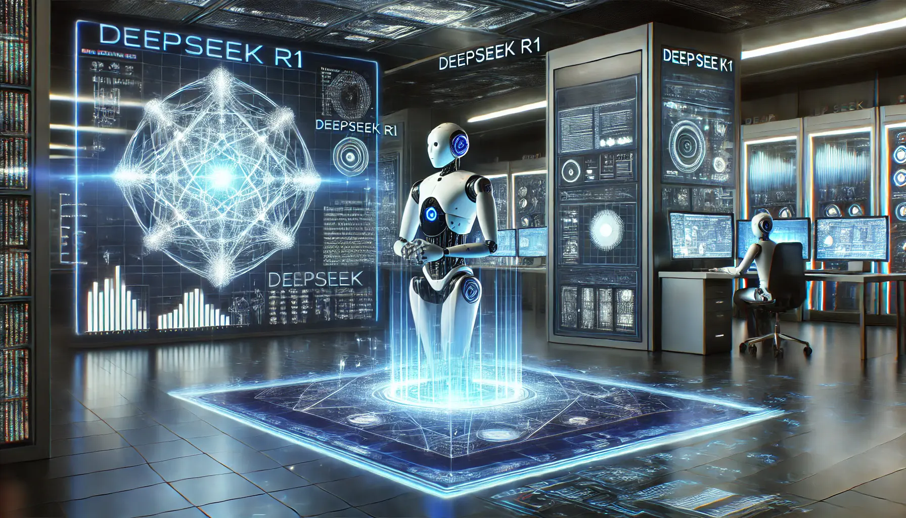 A futuristic AI research facility where DeepSeek R1 solves complex mathematical and logical problems with holographic neural network computations and a robotic AI assistant analyzing datasets.