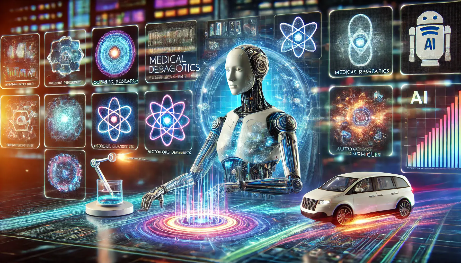 A futuristic visualization of AI advancements in specialized applications, such as scientific research, medical diagnostics, and autonomous vehicles.