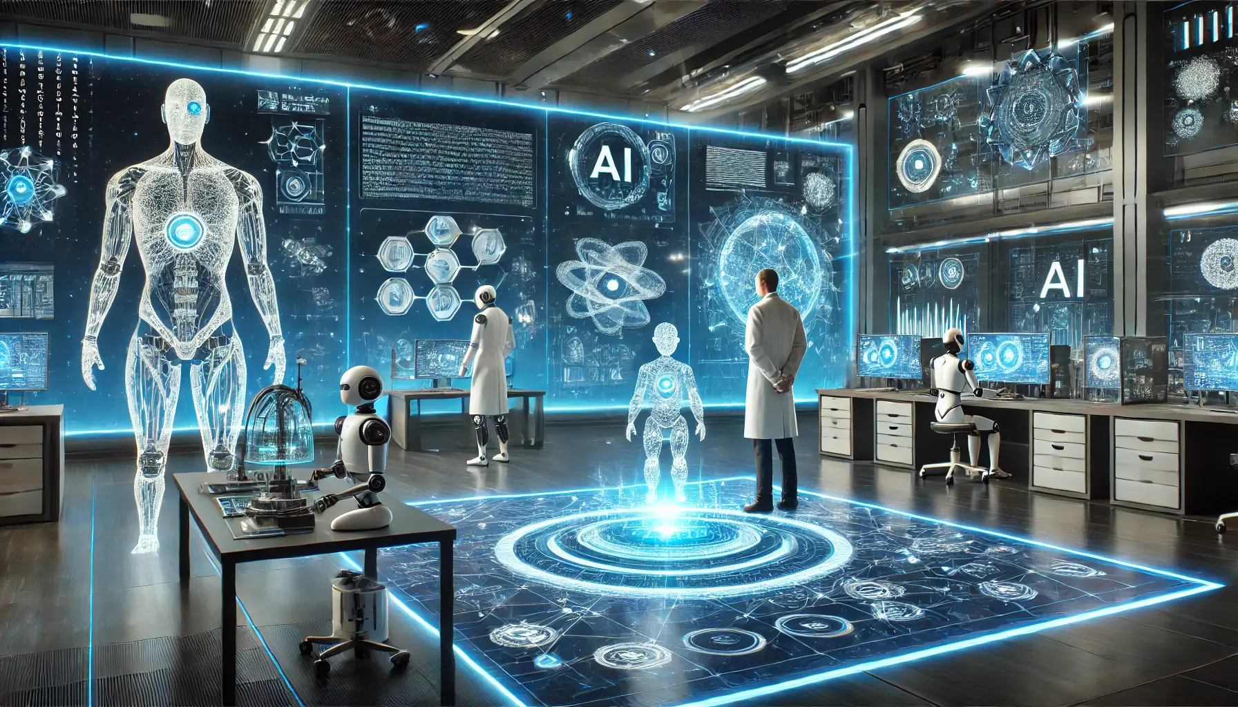 A futuristic AI research lab with neural network visualizations, AI-powered robots assisting scientists, and holographic interfaces showcasing advanced problem-solving.