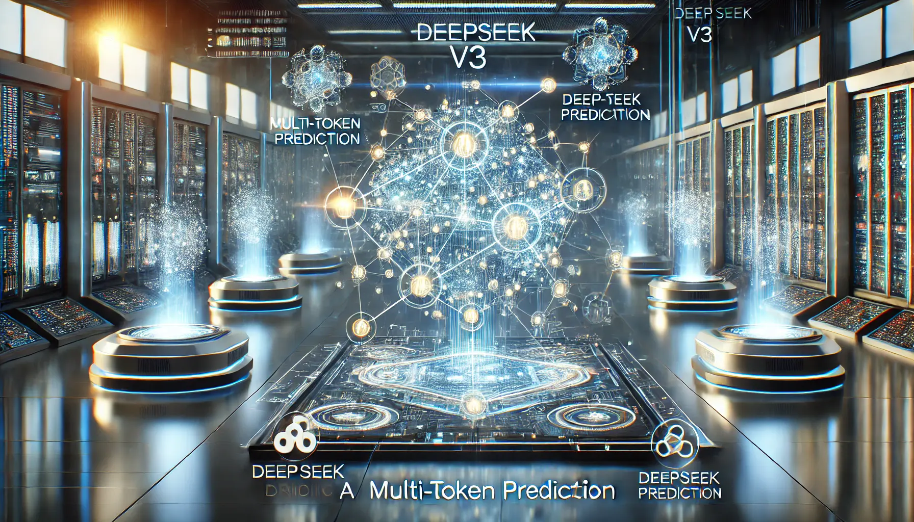 A futuristic AI network processing multiple data streams simultaneously, predicting upcoming sequences with glowing digital nodes in a high-tech lab.