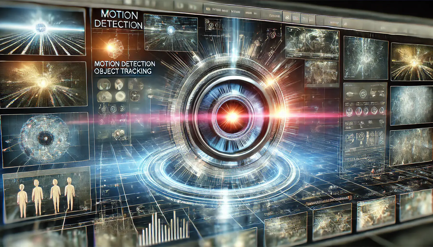 A futuristic AI system analyzing video data for dynamic actions, motion detection, and scene comprehension.