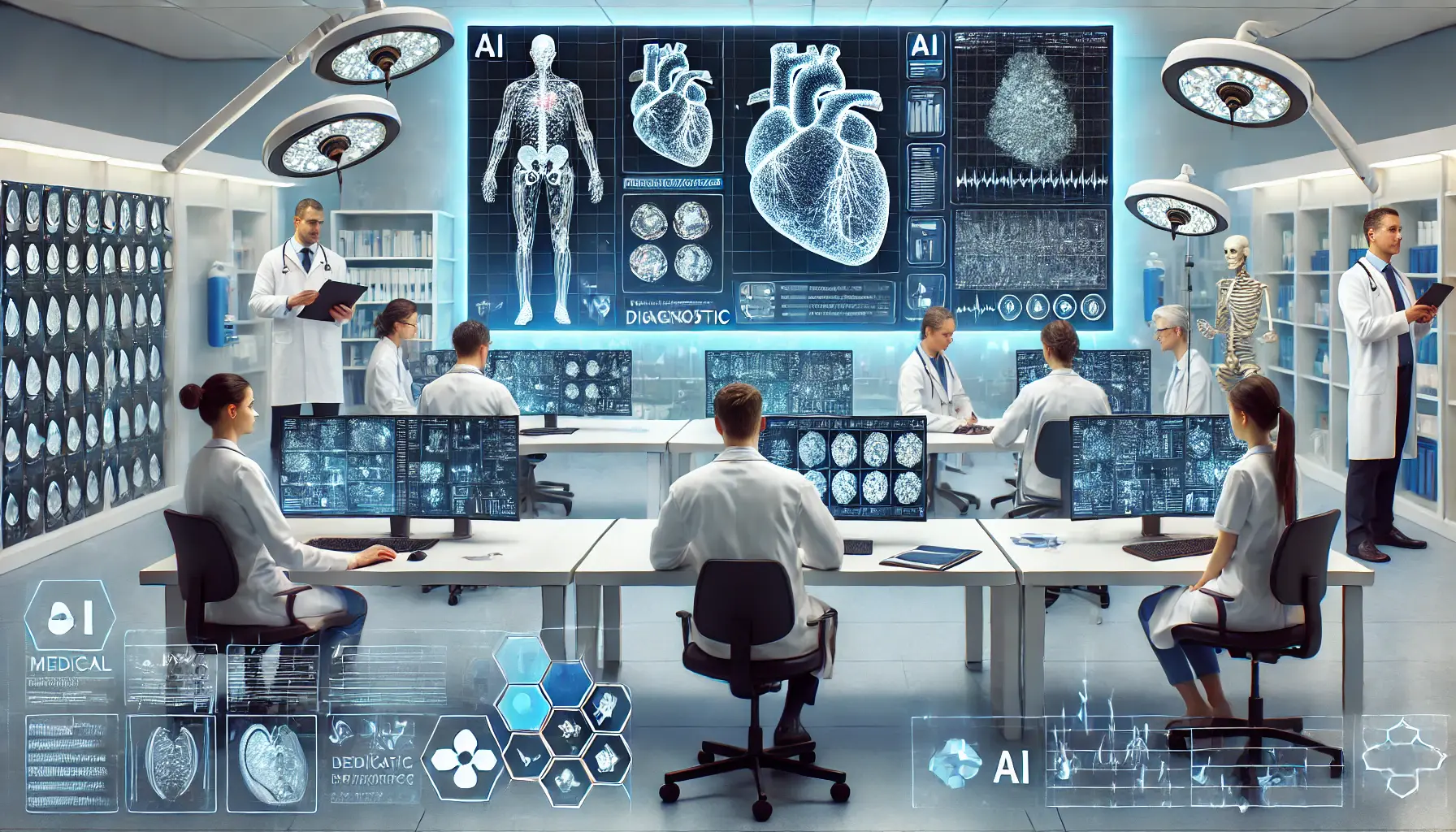 A high-tech medical diagnostic lab where AI tools assist in analyzing patient data and improving medical diagnoses.